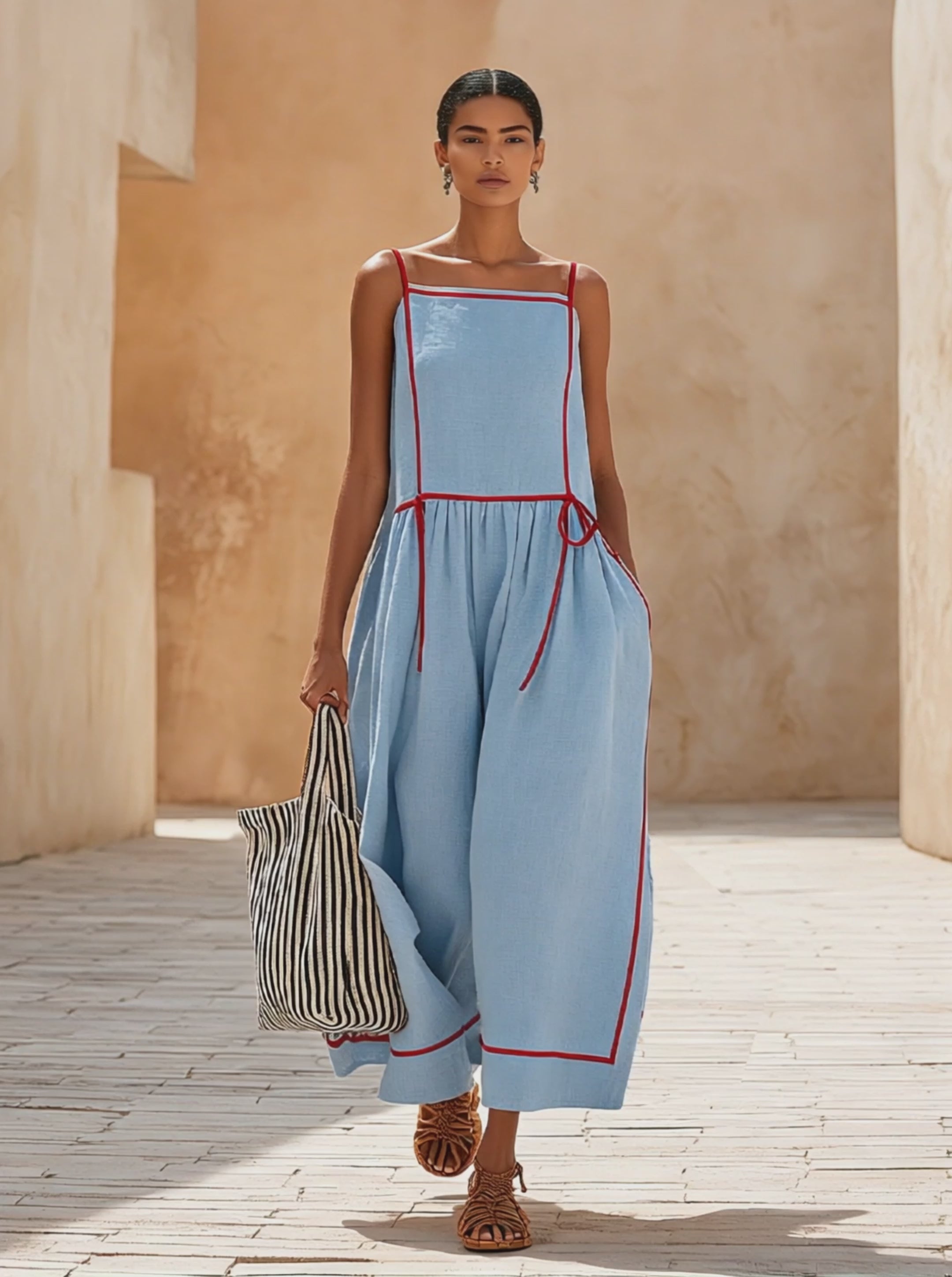 Women's Light Blue Linen-Blend Jumpsuit With Red Contrast Piping & Side Tie Detail, Minimalist Casual Resort Jumpsuit MDZ0542F5LYL