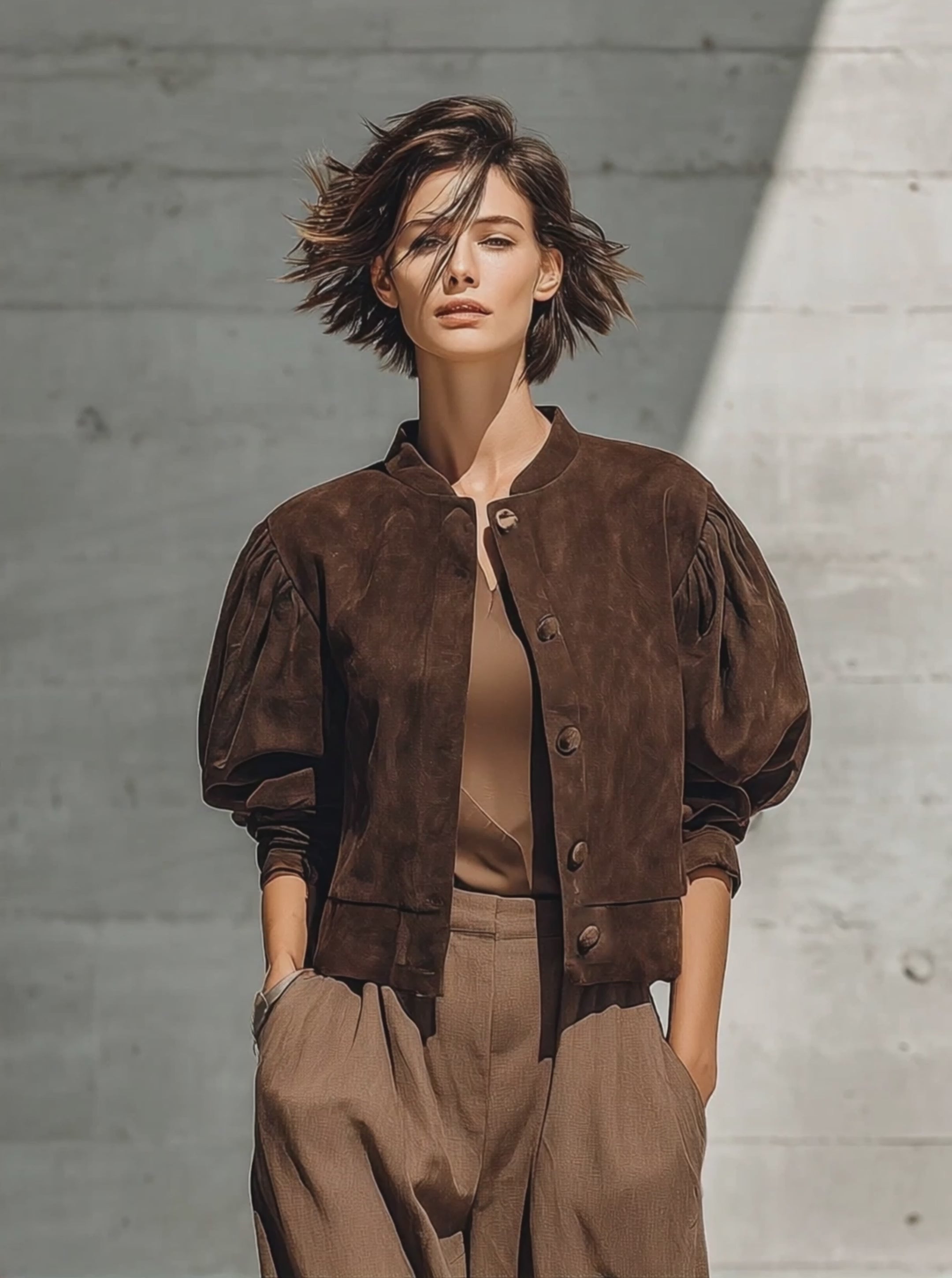 Women's Stand Collar Puff Sleeve Brown Jacket MDZ0517H0YZJ