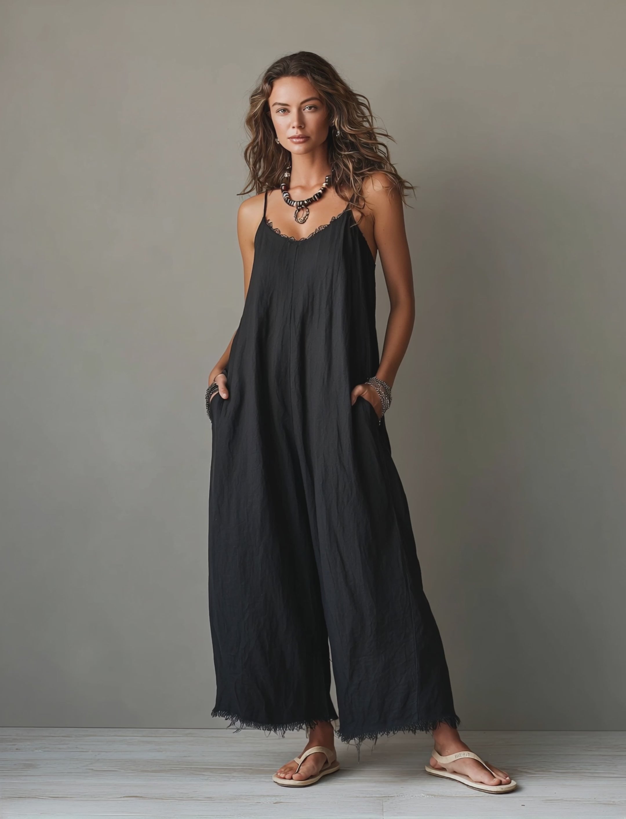 Women's Minimalist Loose-Fit Linen-Blend Jumpsuit With Lace Neckline, Spaghetti Straps, And Frayed Hems MDZ0171F3Y