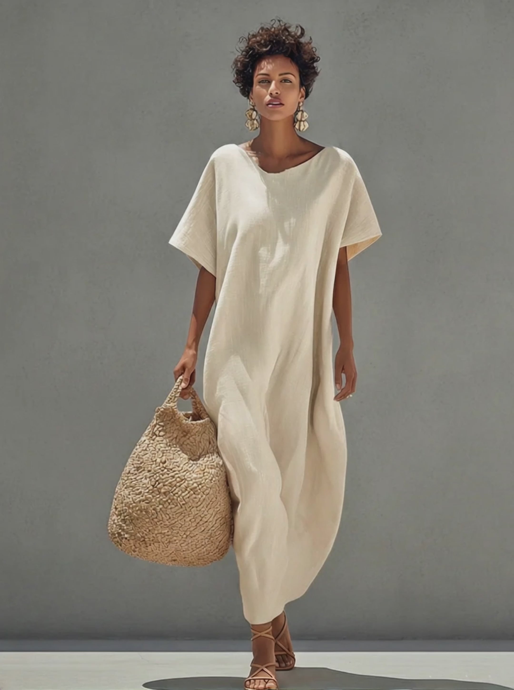 Women's White Cotton Dress With Relaxed Fit & Minimalist Design, Timeless Resort-Casual Style Dress MDZ0528B5I