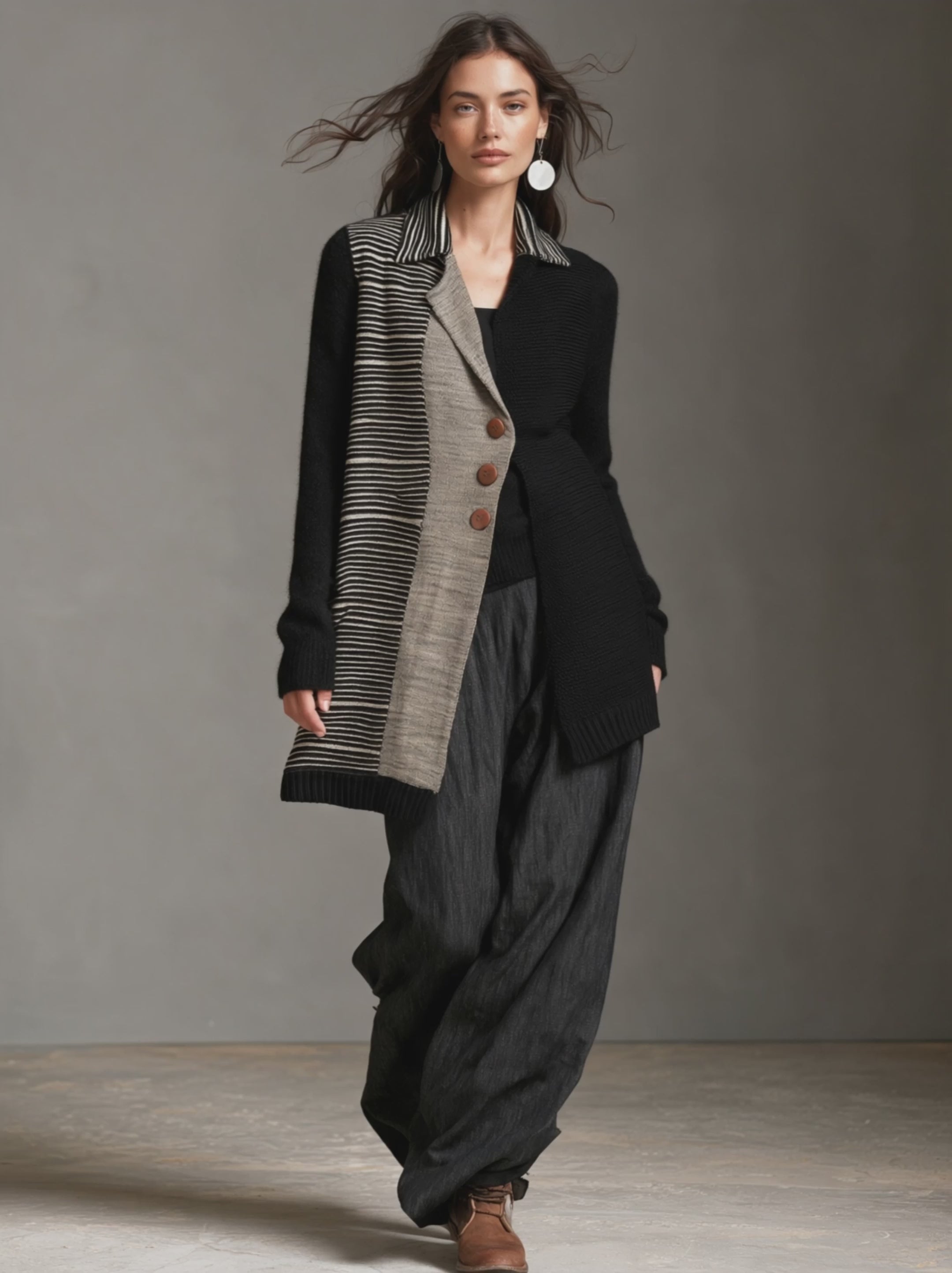 Women's Casual Long-Sleeve Jacket With Black Striped Knit Panels