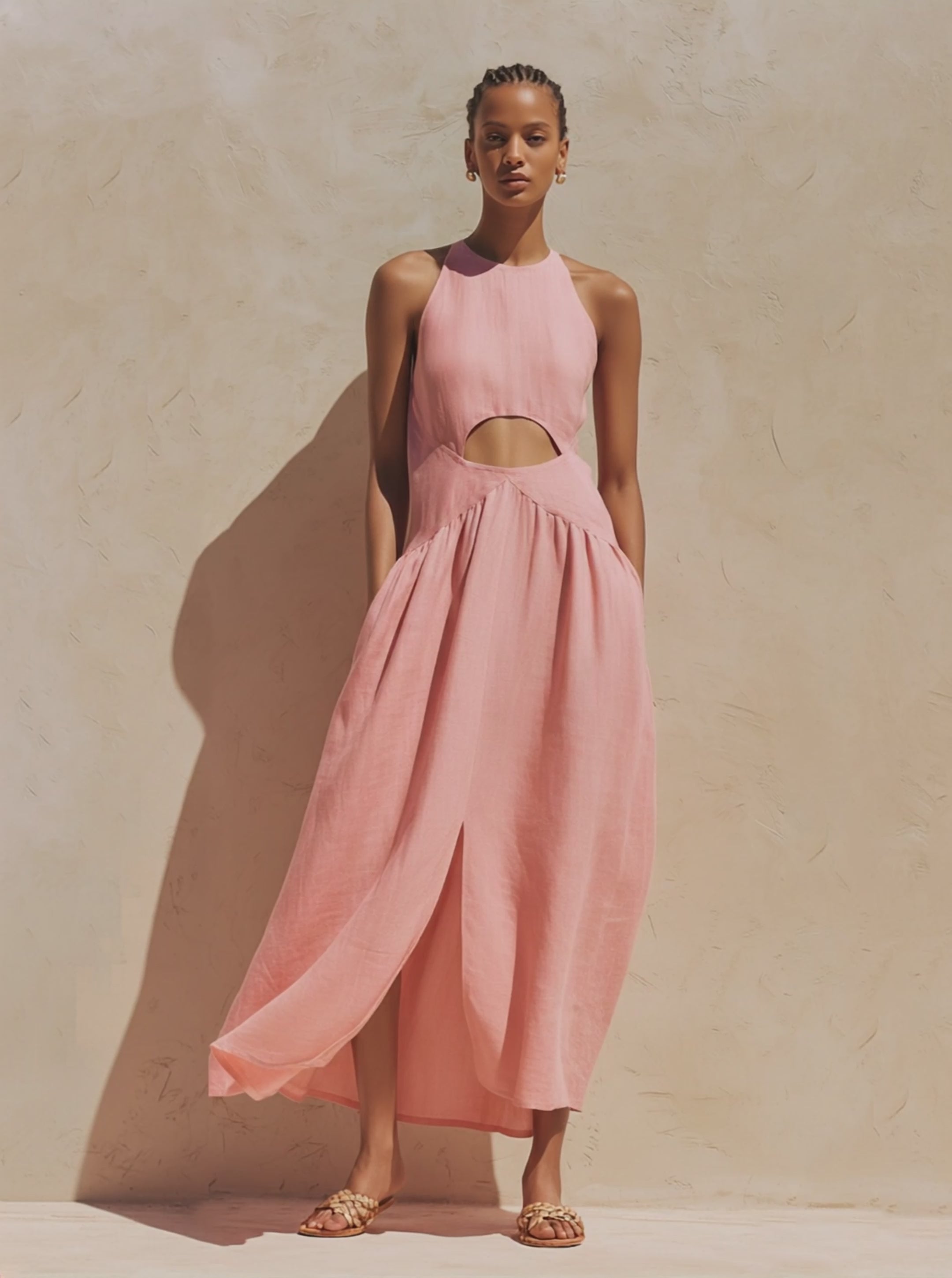 Women's Blush Pink Linen-Blend Maxi Dress With Halter Neck & Waist Cutout Detail, Minimalist Casual Resort Dress MDZ0459F0LYL