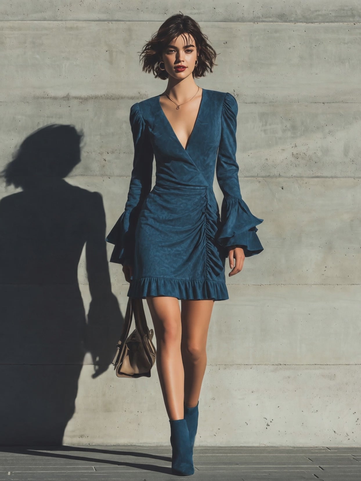 Women's Wrap Front Flared Sleeve Blue Mini Dress MDZ0848I6YZJ
