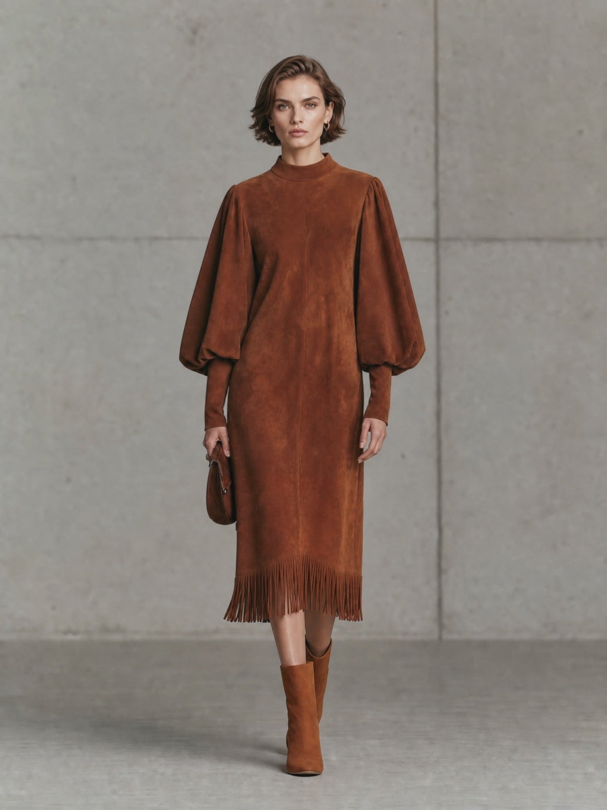 Women's Puff Sleeve Fringe Hem Brown Midi Dress MDZ0361I3YZJ
