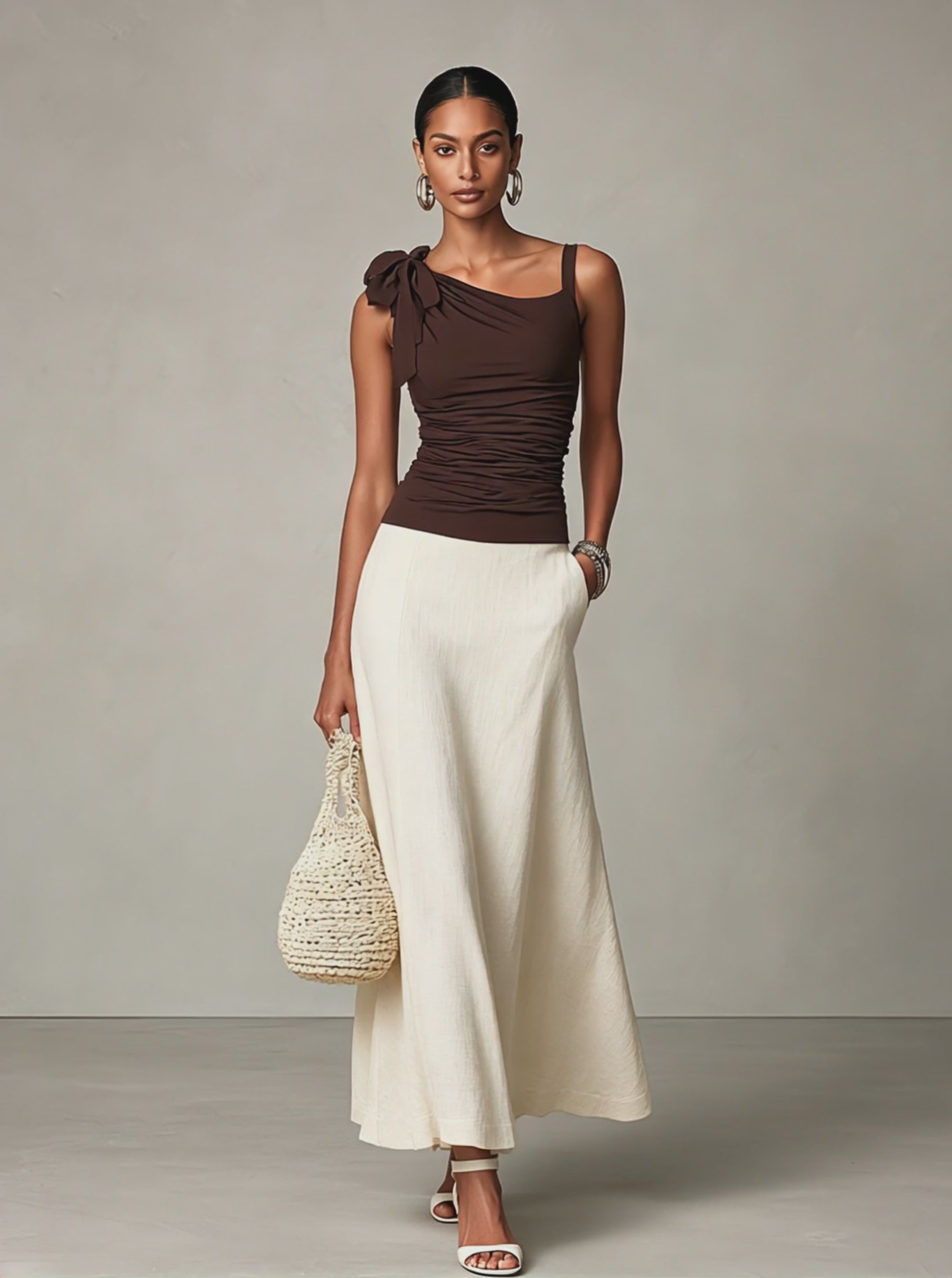 Women's Coffee Cream Contrast Fabric Co-Ord With Asymmetrical Bow Strap Blouse & Side Pocket Flared Linen Skirt, Modern Chic Daily Outfit MDZ0511F2LYL