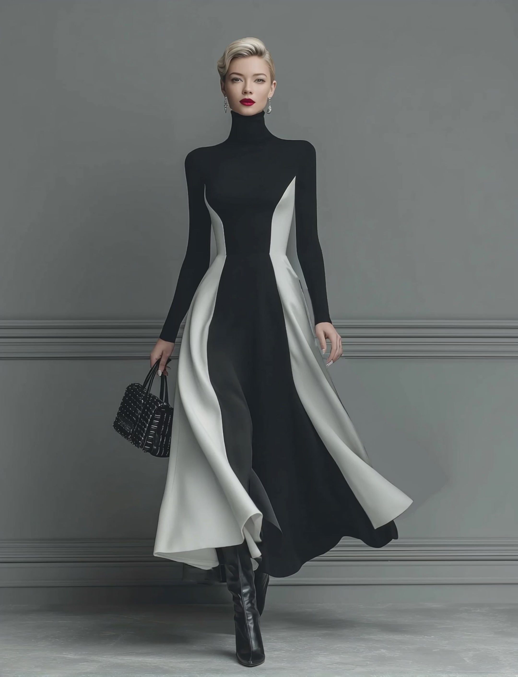 Women's Black And White Stitching Knitted Maxi Dress MDA0326I6T