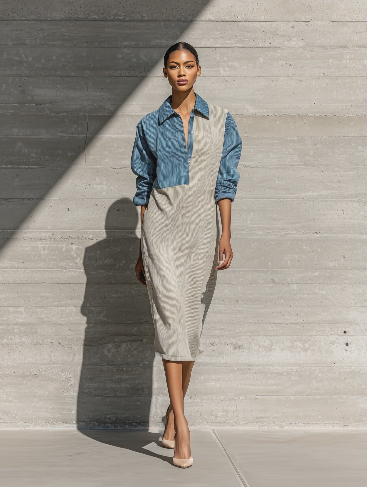 Women's Long Sleeve Colorblock Blue Beige Dress MDZ2447H4YZJ