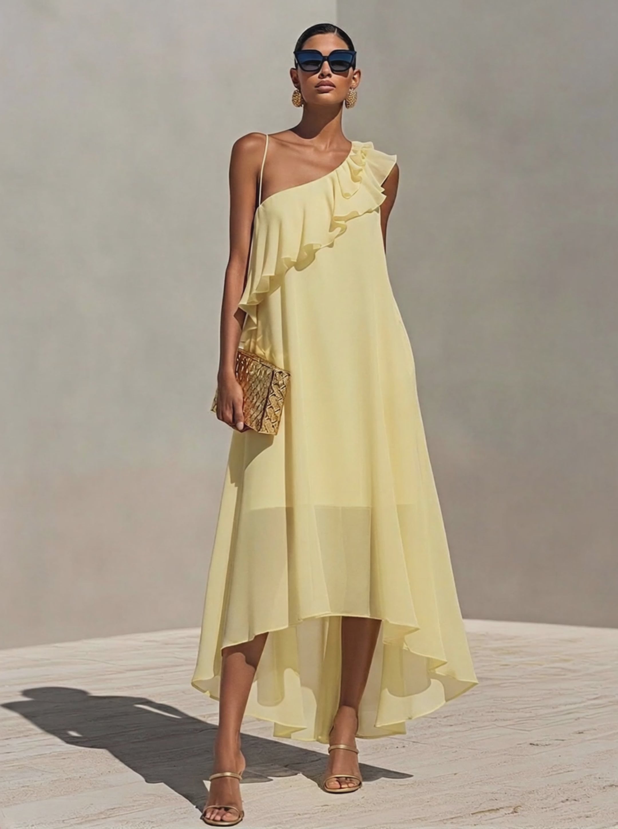 Women's Pale Yellow Chiffon One-Shoulder Dress With Ruffle Detail & High-Low Hem, Timeless Romantic Cocktail Dress MDZ1927E2LYL