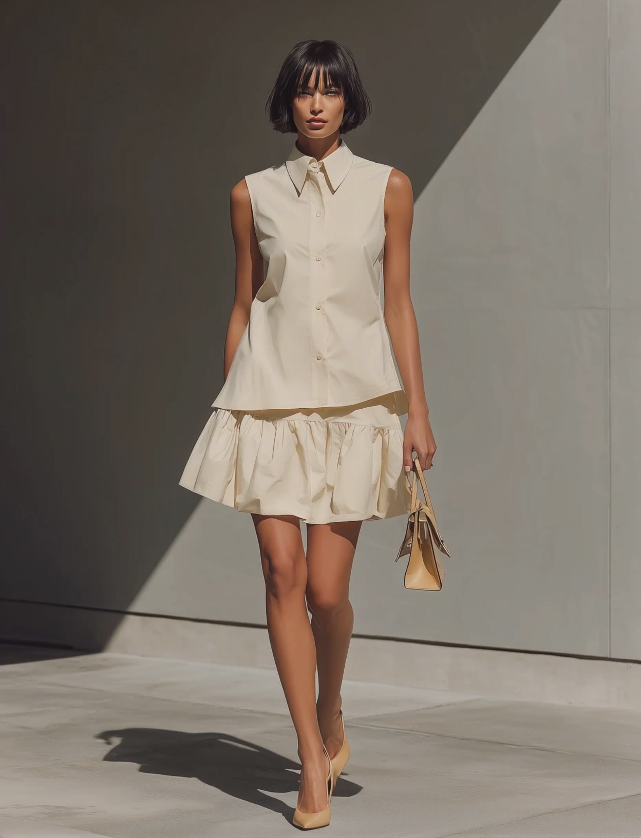 Women’s Beige Sleeveless Button-Down Shirt & Tiered Ruffle Mini Skirt Two-Piece Set MDZ0942E6T