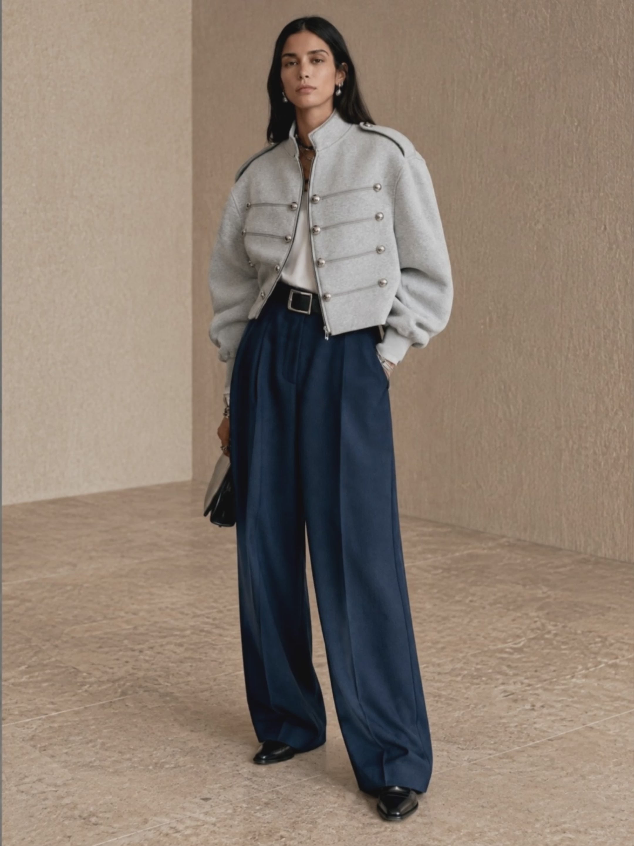 Women's Button Detail Stand Collar Balloon Sleeve Cropped Jacket