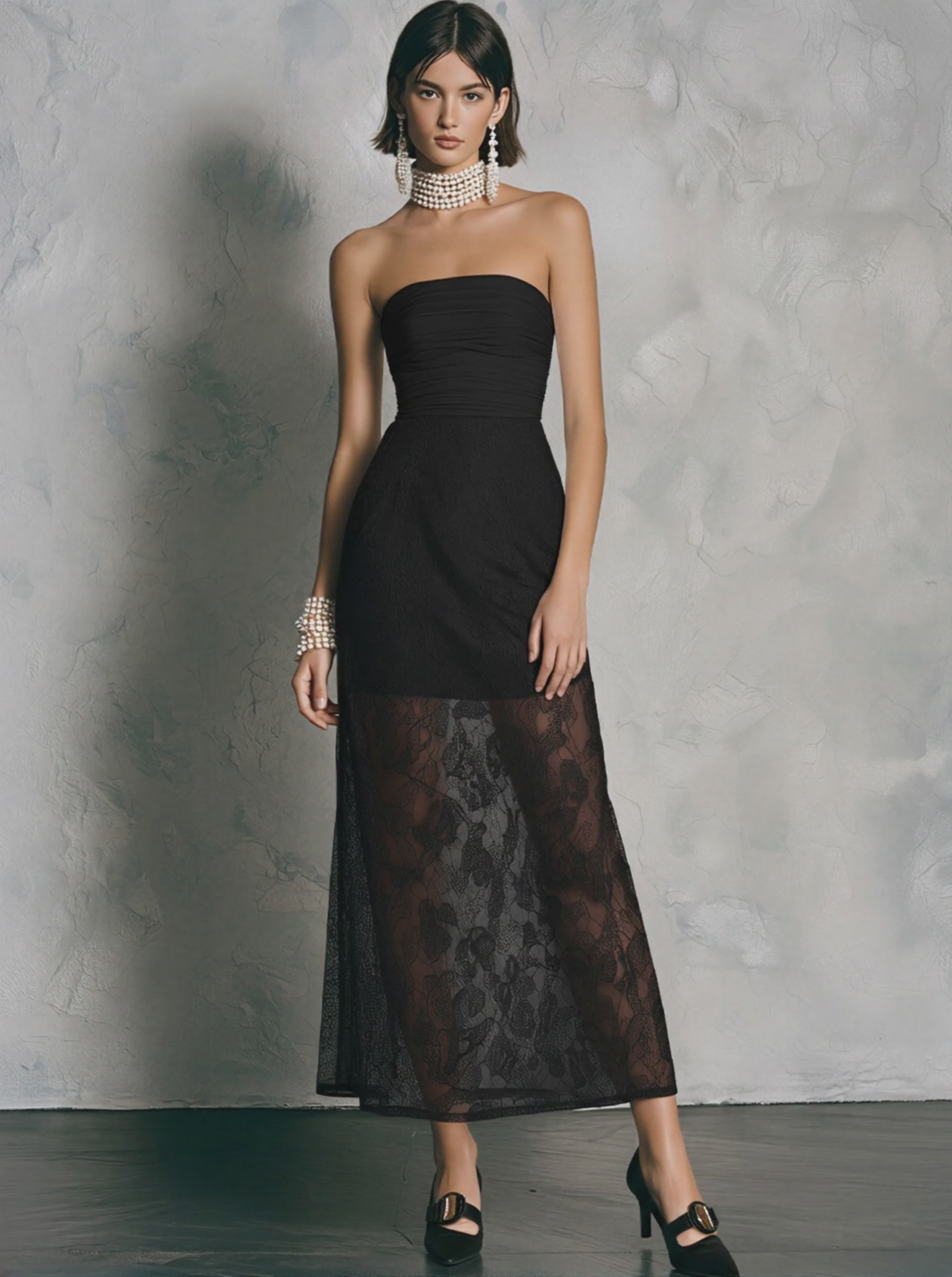 Women’s Black Strapless Lace Maxi Dress With Ruched Bodice & Sheer Overlay MDZ2397E7T