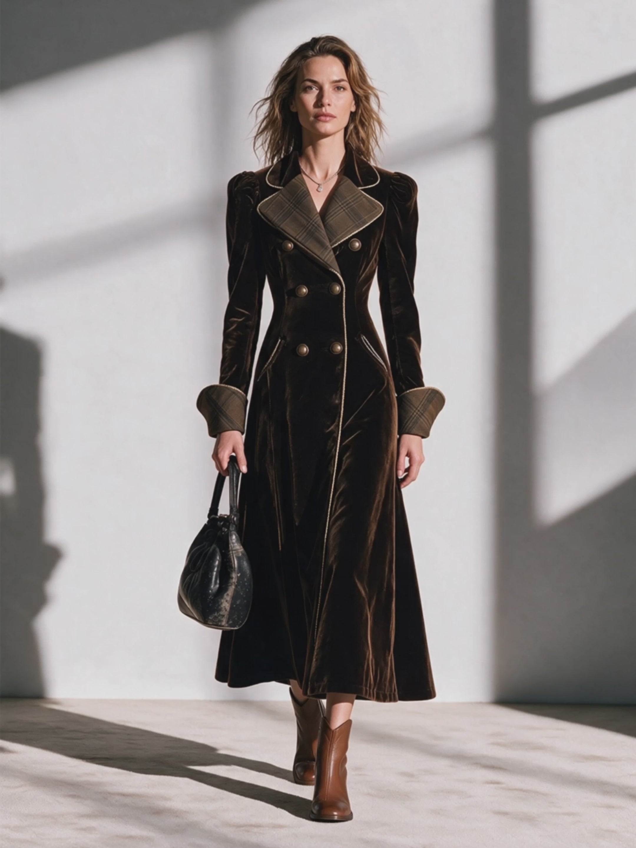Women's Plaid-Collar Double-Breasted Cinched-Waist Velvet Longline Coat
