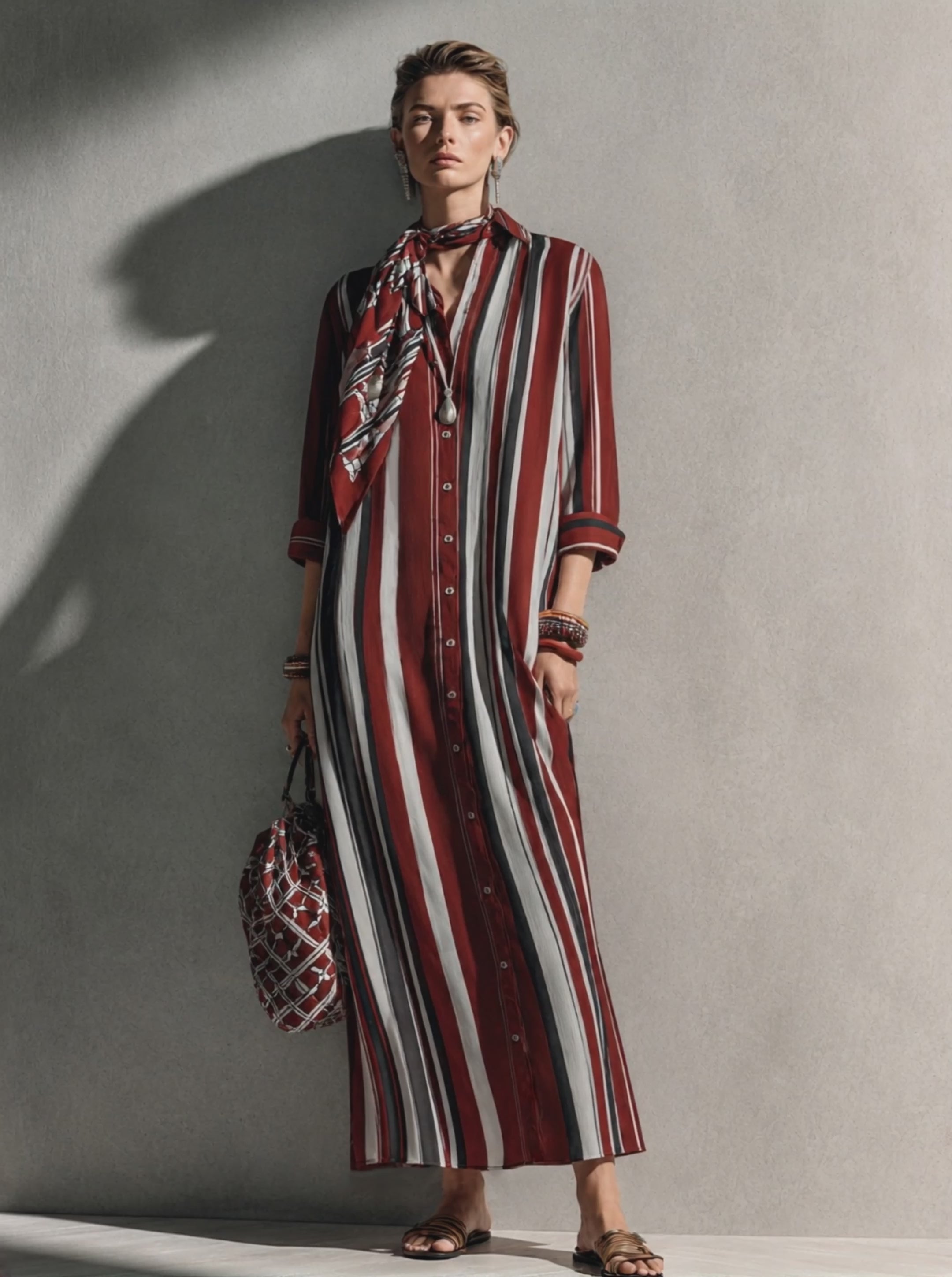 Women's Retro Casual Burgundy Cotton Blend Collared Three-Quarter Sleeve Color-Blocked Vertical Striped Long Shirt Dress MDZ0644G8GMJ