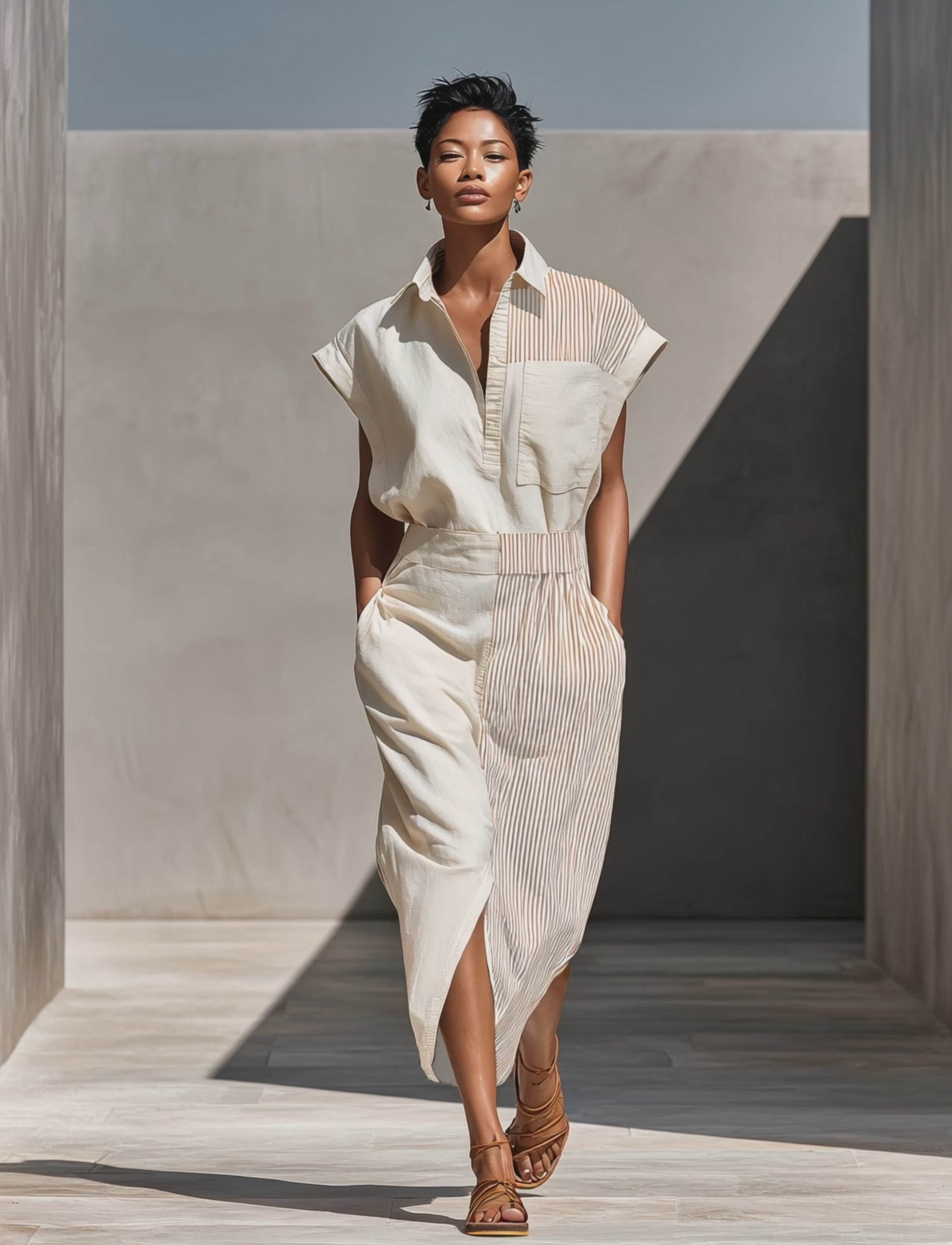 Women’s Beige & Brown Stripe Color-Block Linen-Blend Shirt Dress With Split Hem & Pockets MDZ2088E4T