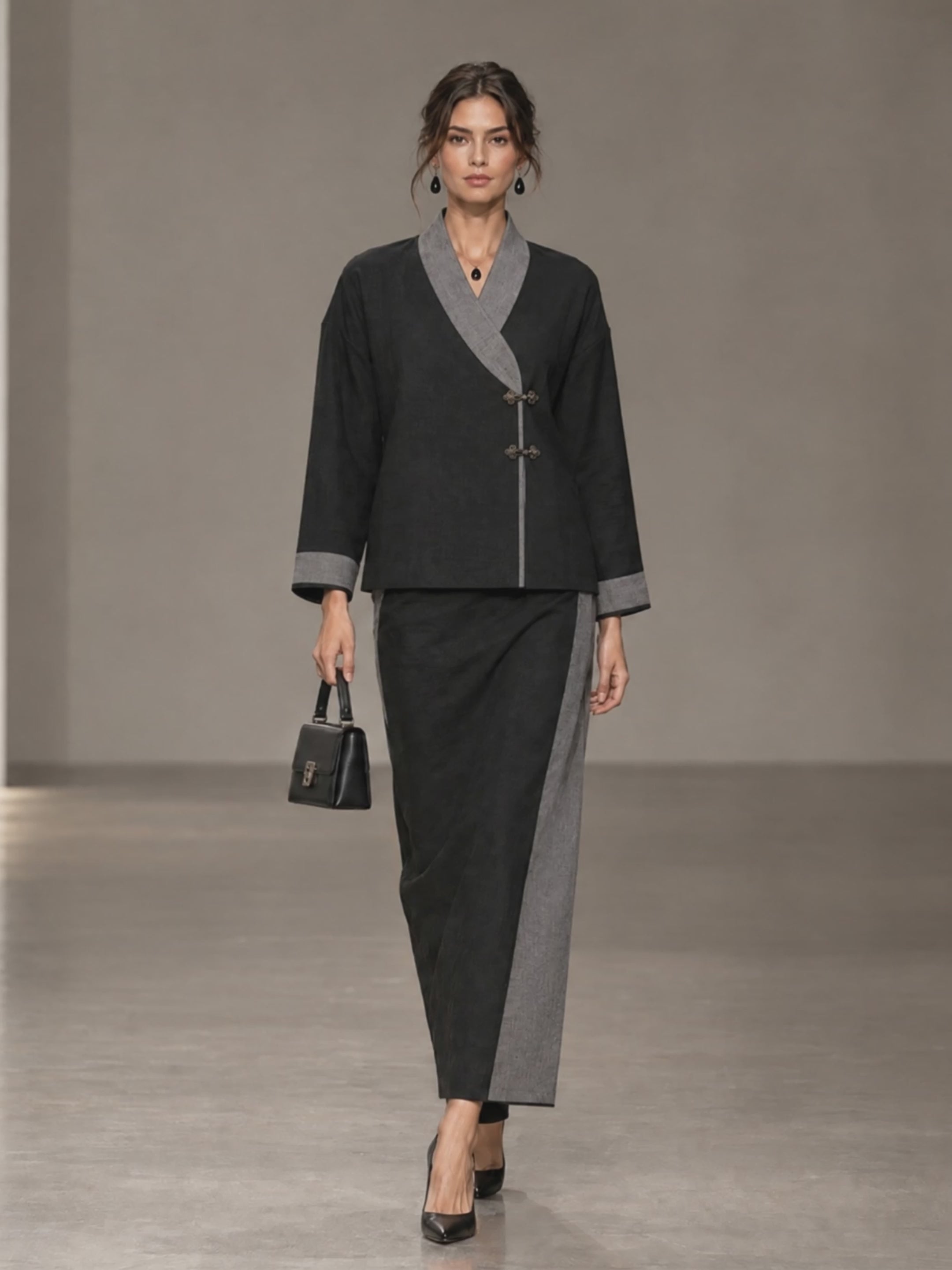 Women's Contrast-Trim Frog-Button Drop-Shoulder Wrap-Collar Top & Side-Panel Skirt New Chinese-Style Set
