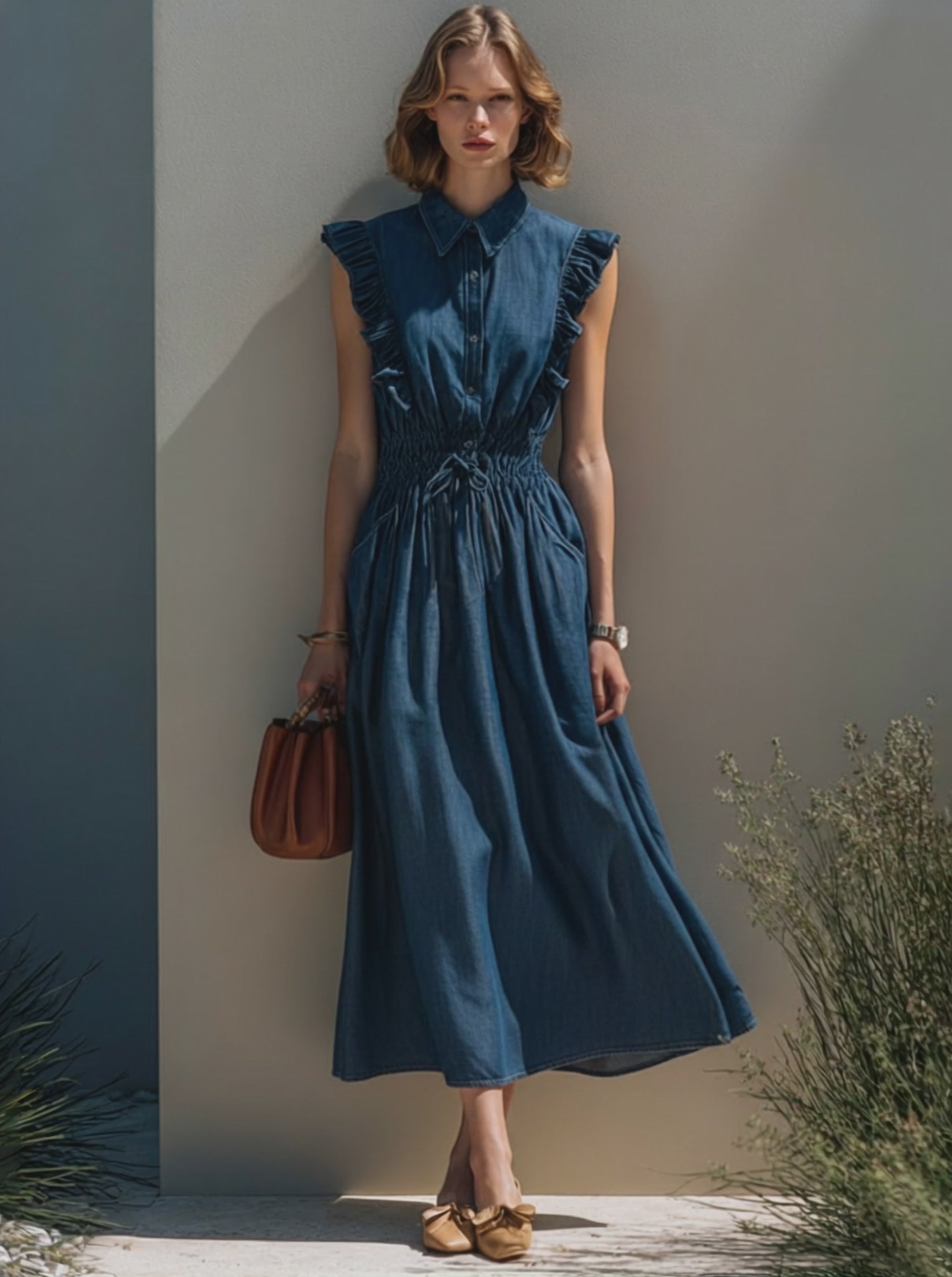 Women's Simple Denim-Style Midi Dress With Ruffle Sleeves And Drawstring Waist MDZ2038E9ZRK