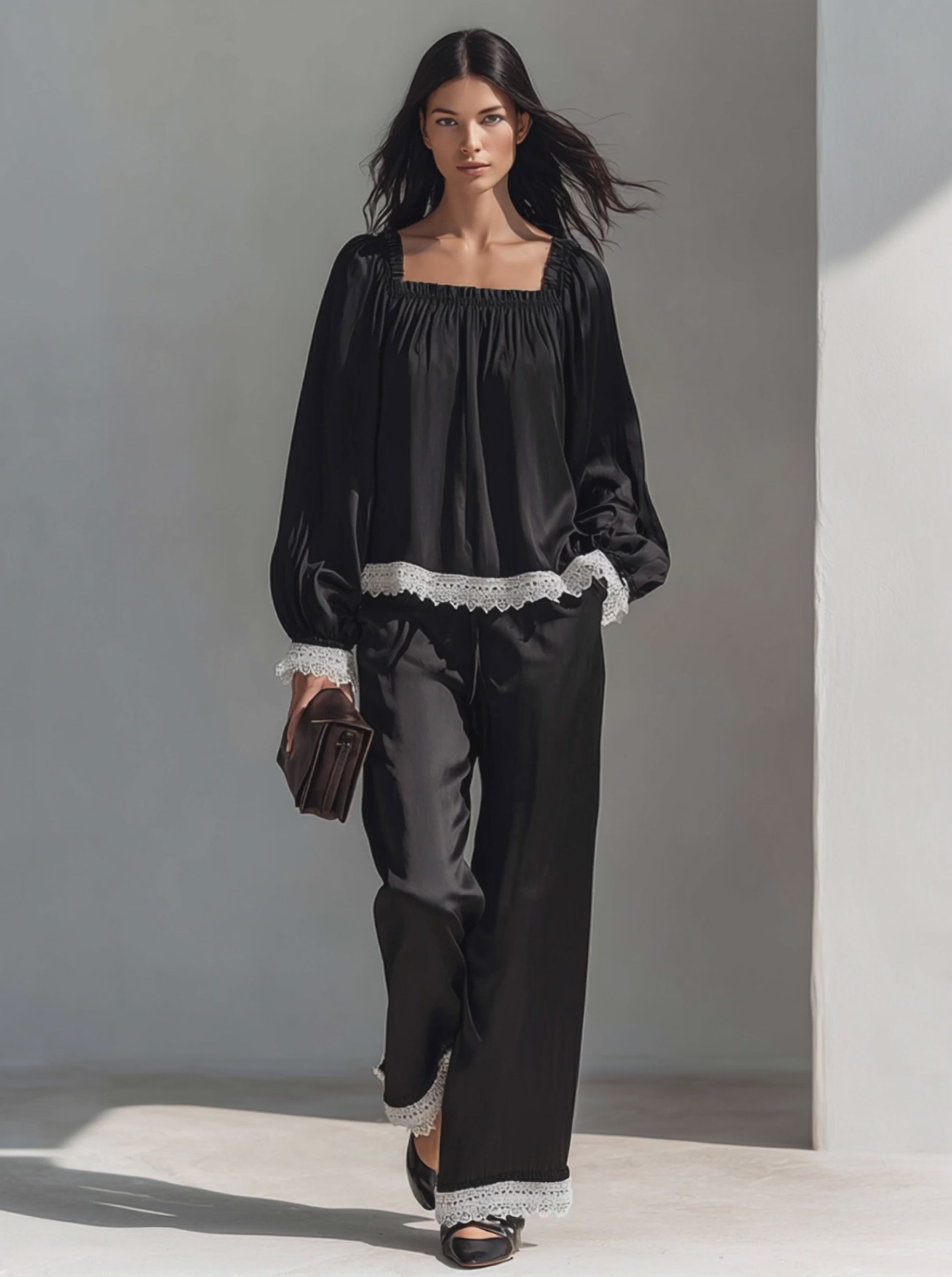 Women's Square-Neck Faux-Silk Trouser Set With Lace Trim MDZ1998H2ZRK