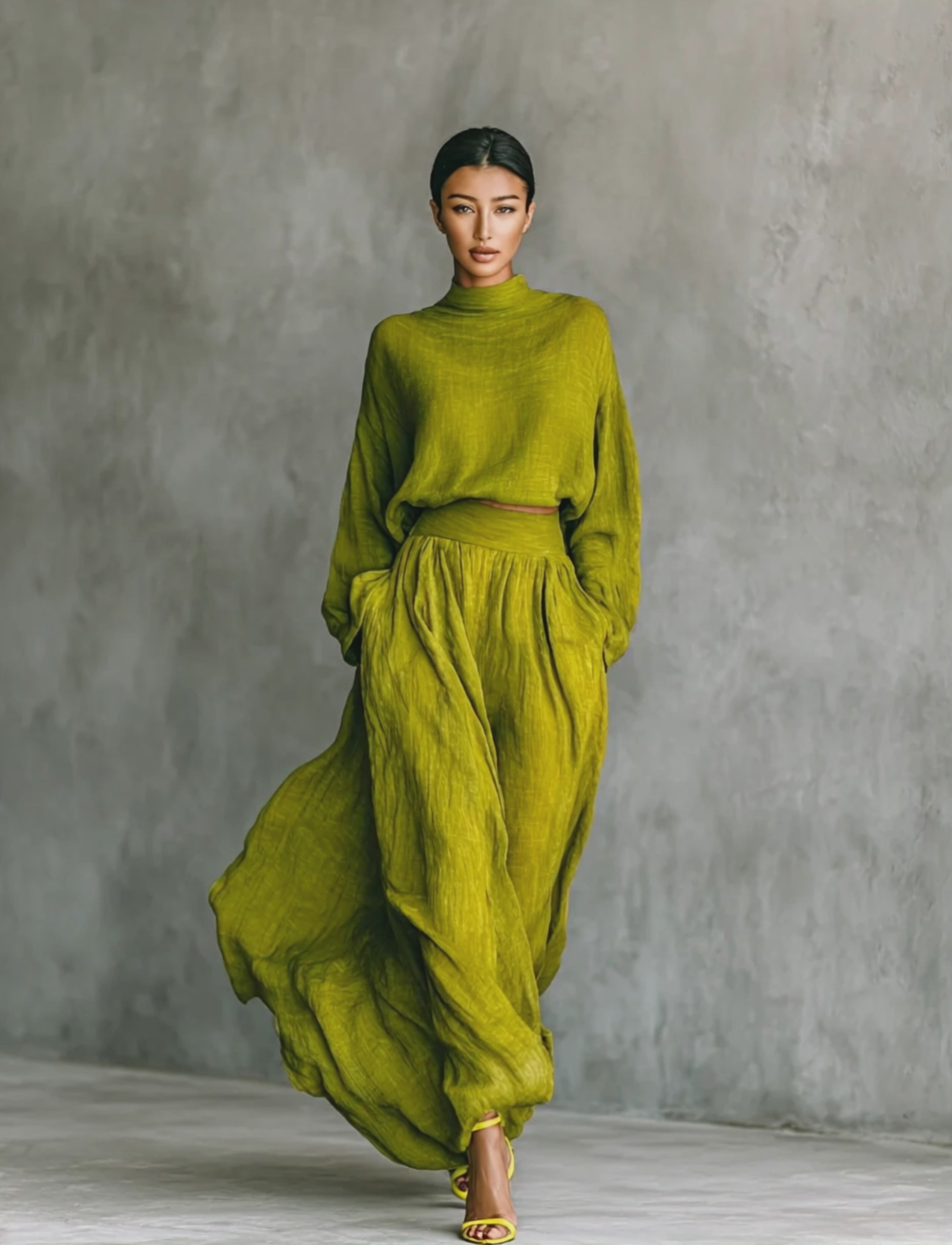 Women's Green Turtleneck Cotton And Linen Blend Suit MDA2938G4T