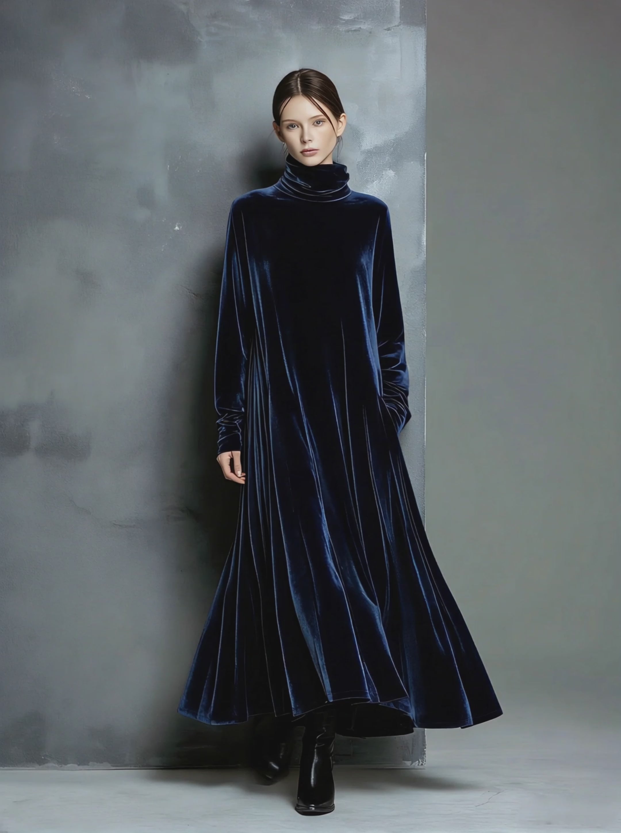Women's Elegant Navy Blue Velvet High-neck Long-sleeved Loose-fitting Maxi Dress MDZ1680A8AN