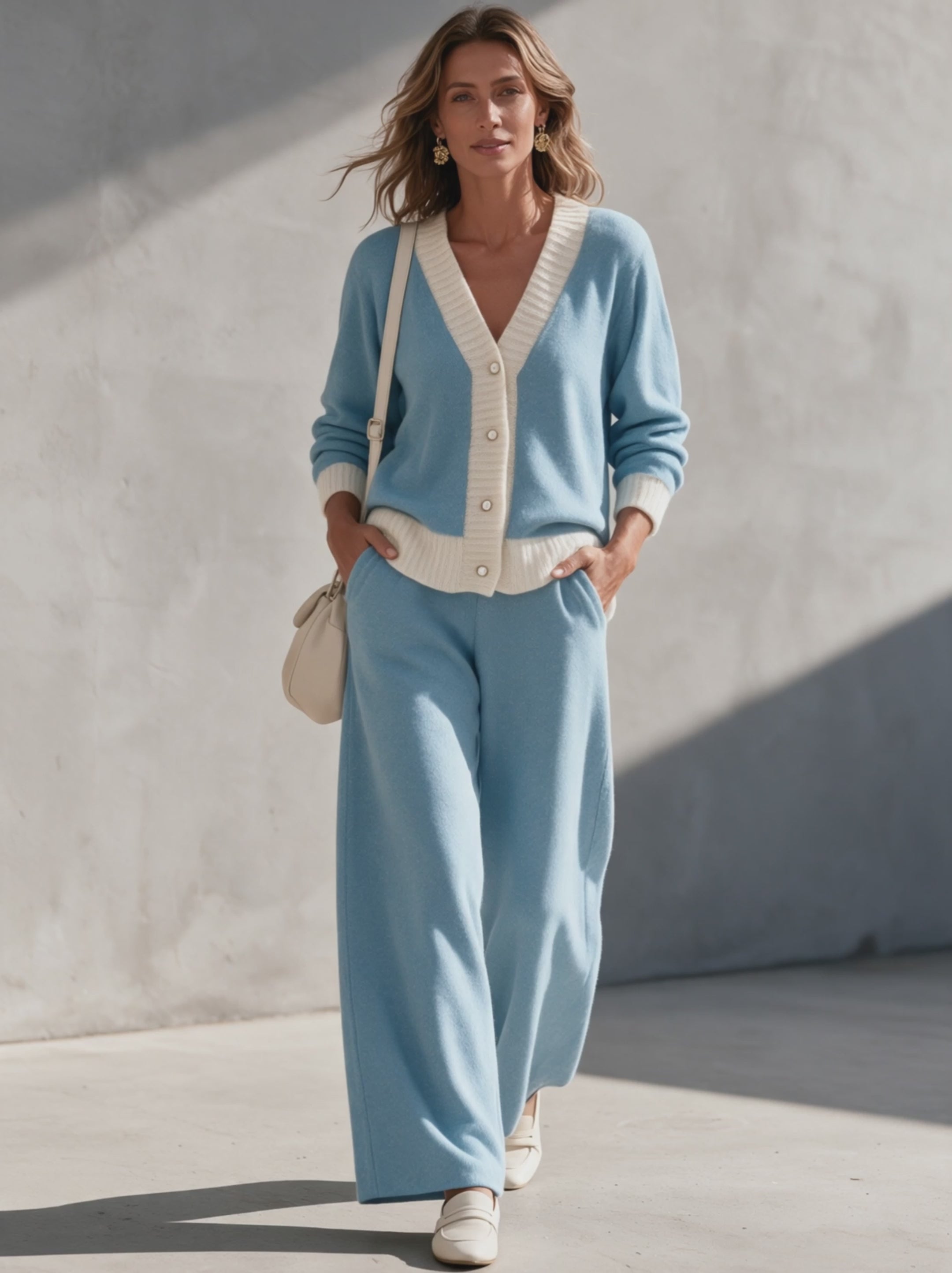 Women’s Casual Blue And White Knitted Long-sleeve Cardigan And Trousers Set