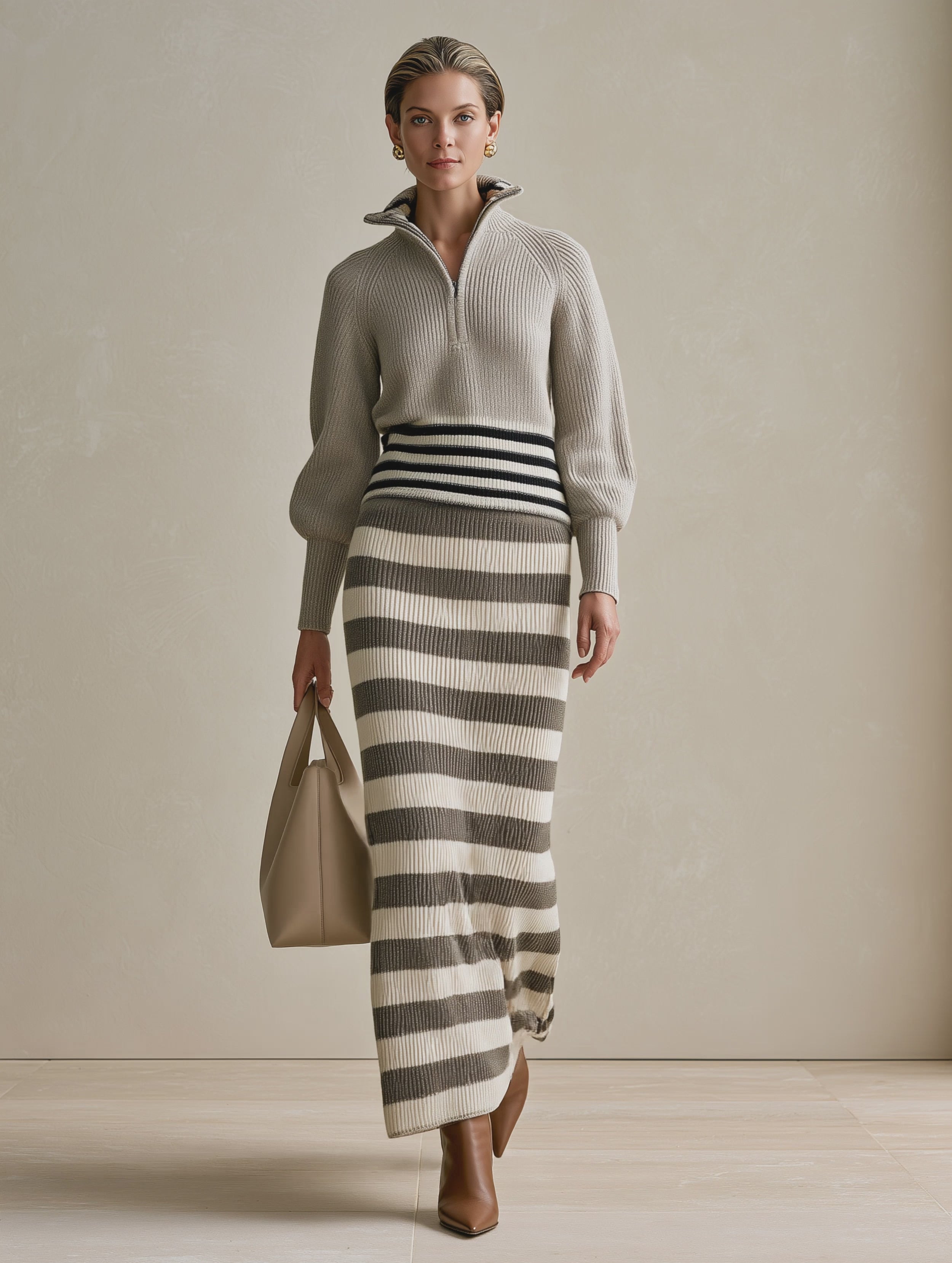 Women's Quarter-Zip Knit Grey Skirt Set