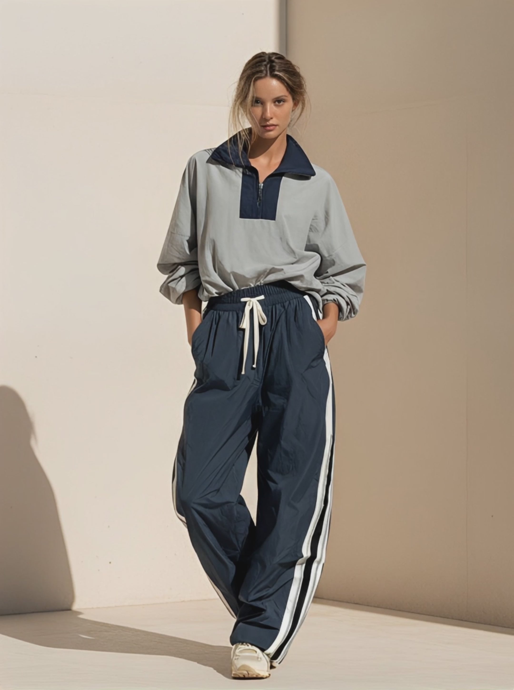 Women's Ash & Dark Navy Light Woven Co-Ord With Oversized Quarter Zip Sweatshirt & Dual Side Stripe Baggy Jogger Pants, Modern Athleisure Daily Outfit MDZ2490F1LYL