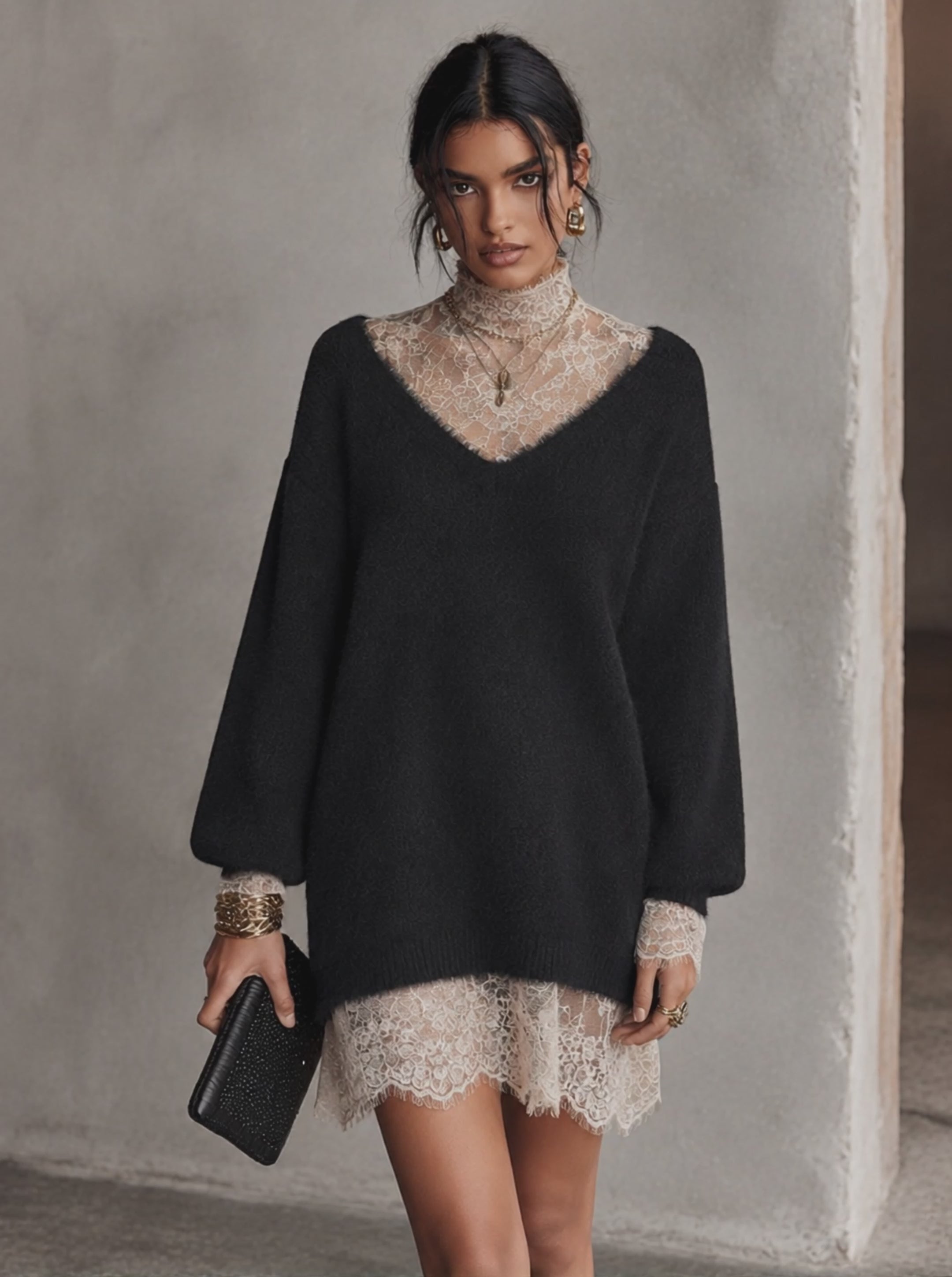 Women's Lace Trim Elegant Knit Mini Dress MDZ1111H8GMJ