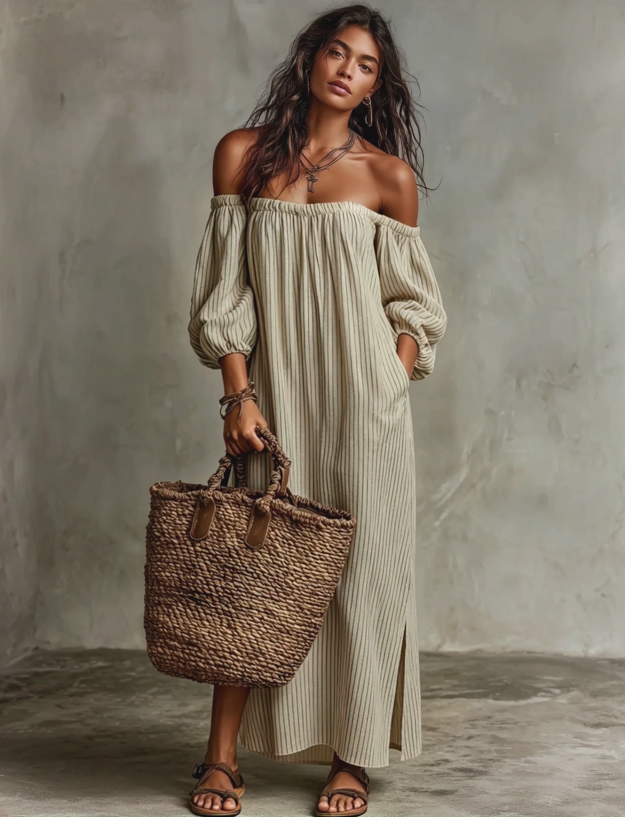 Women's Vacation Cotton-linen Blend Off-shoulder Long-sleeved Maxi Dre –  Modesees