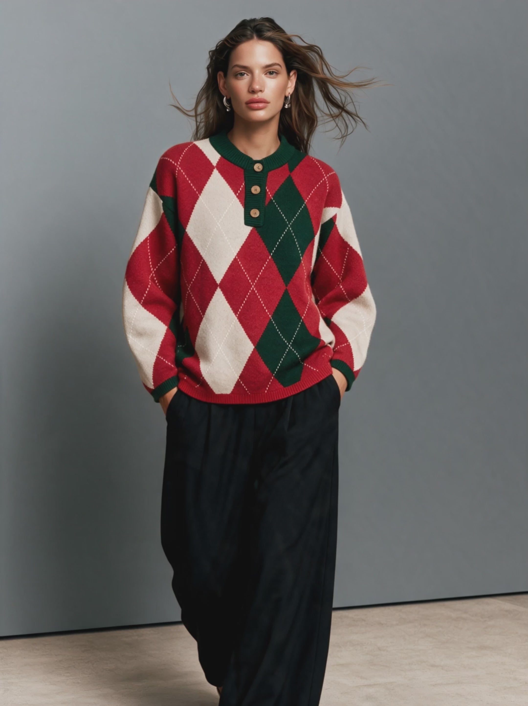 Women's Casual Long-Sleeve Knit Sweater In Red And White Christmas Colors
