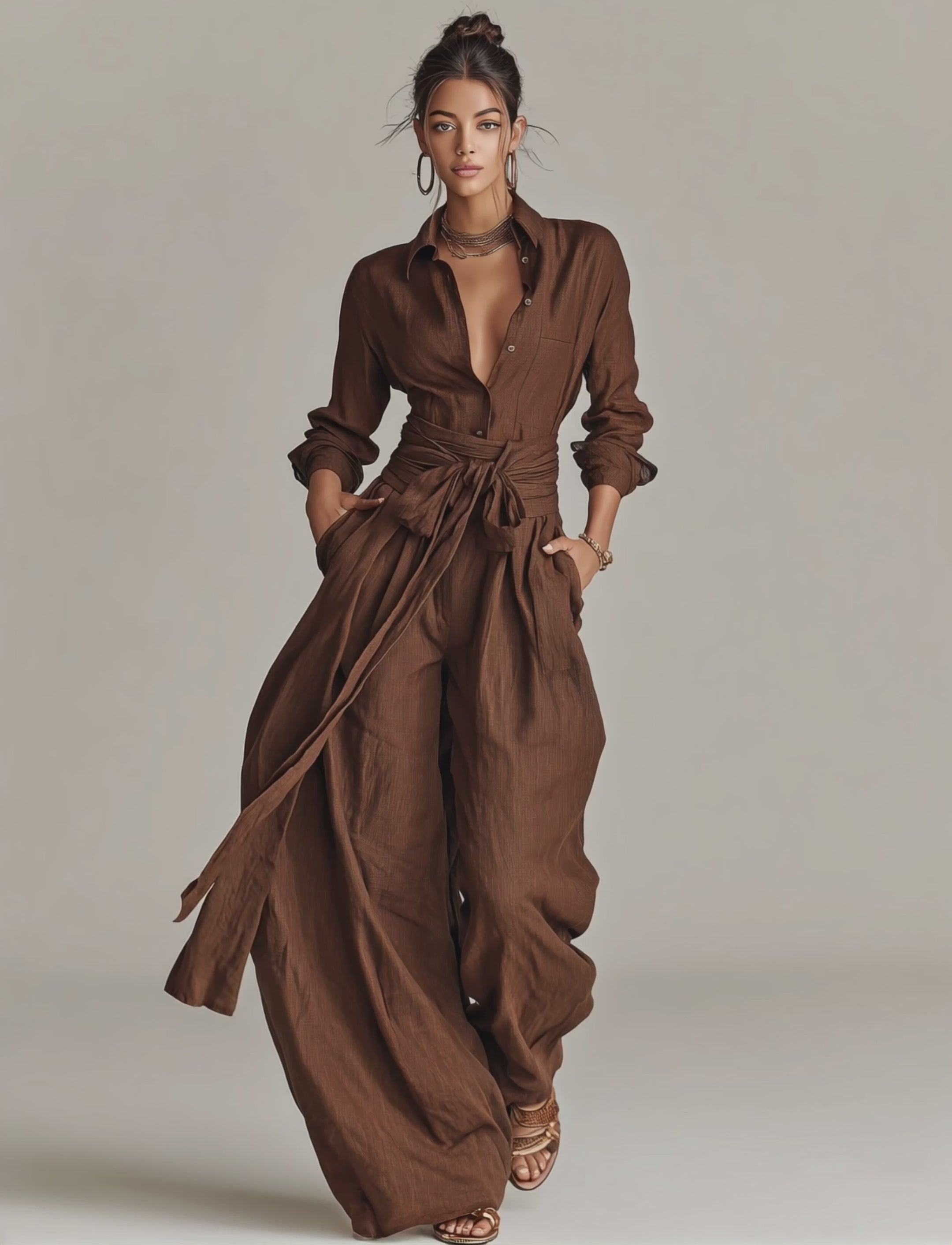 Women's Elegant Brown Woven Cotton-linen Long-sleeved Shirt Collar Jumpsuit With Belt MDA1965L9AN