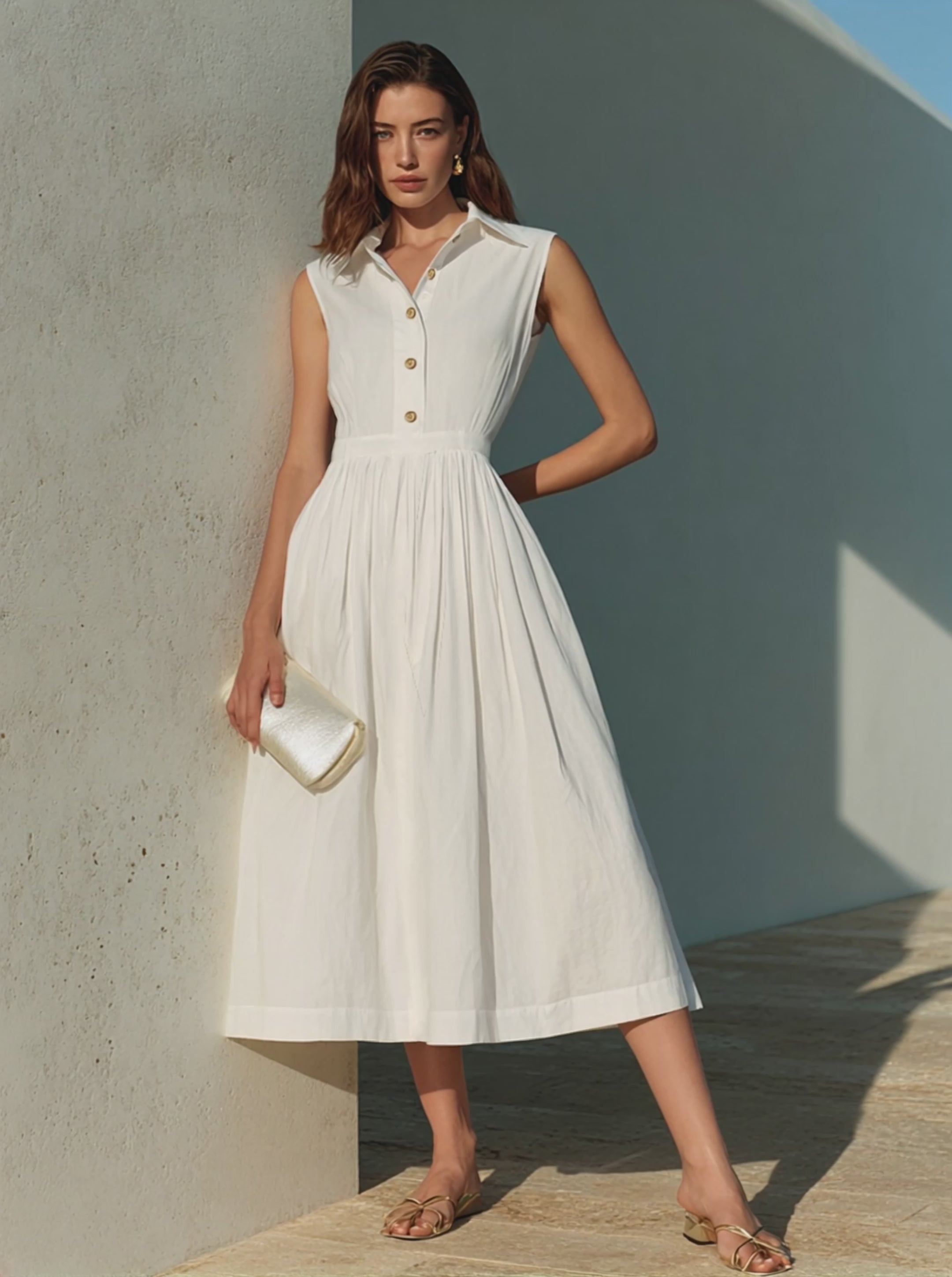Women's Minimalist Cotton-Blend Sleeveless Button-Front Midi Dress MDZ1947E0ZRK