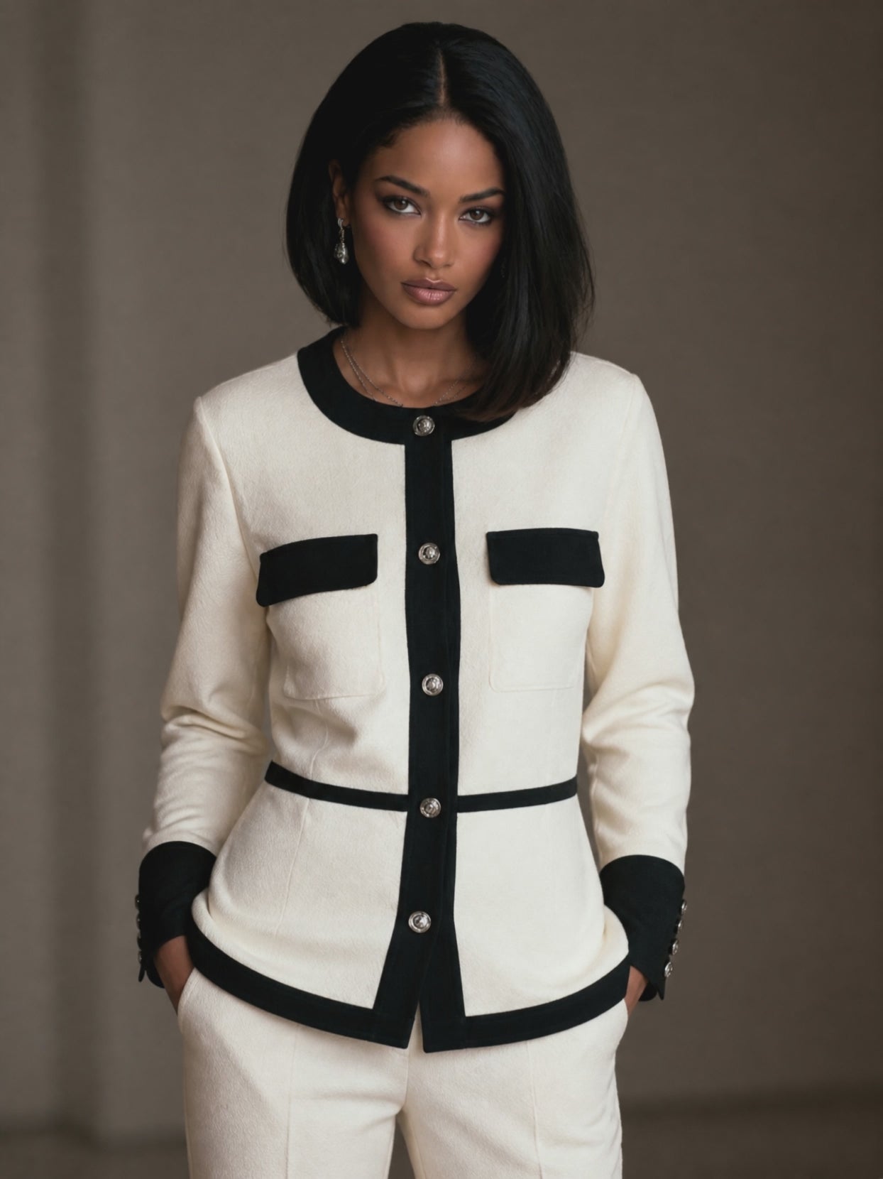 Women's Elegant Color-blocked Trim Coat MDZ2550H3GMJ