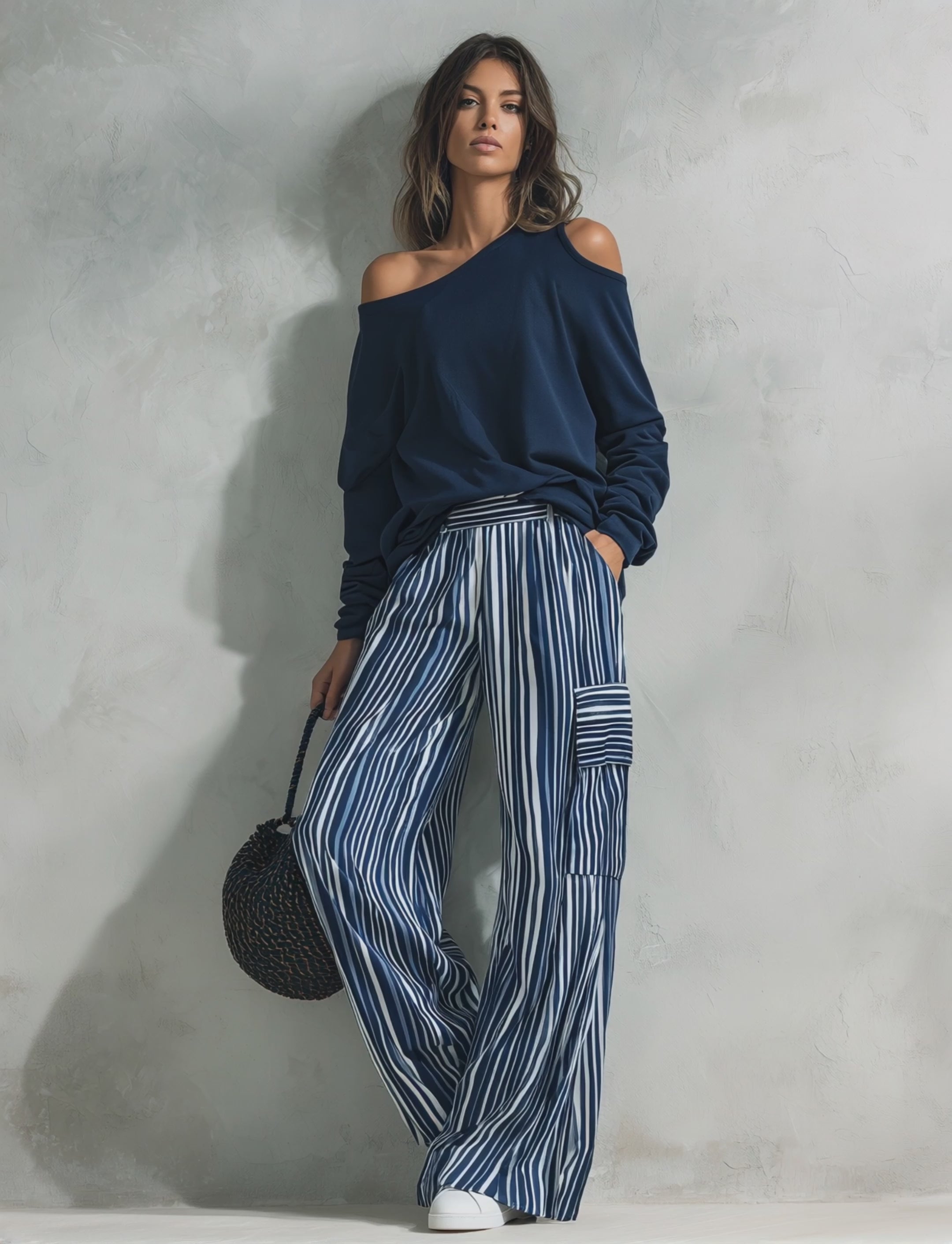 Women's Casual 2-Piece Set Long-sleeved Top In Navy Blue Sweatshirt Fabric And Blue-and-white Striped Woven Trousers MDZ2895G0LXY