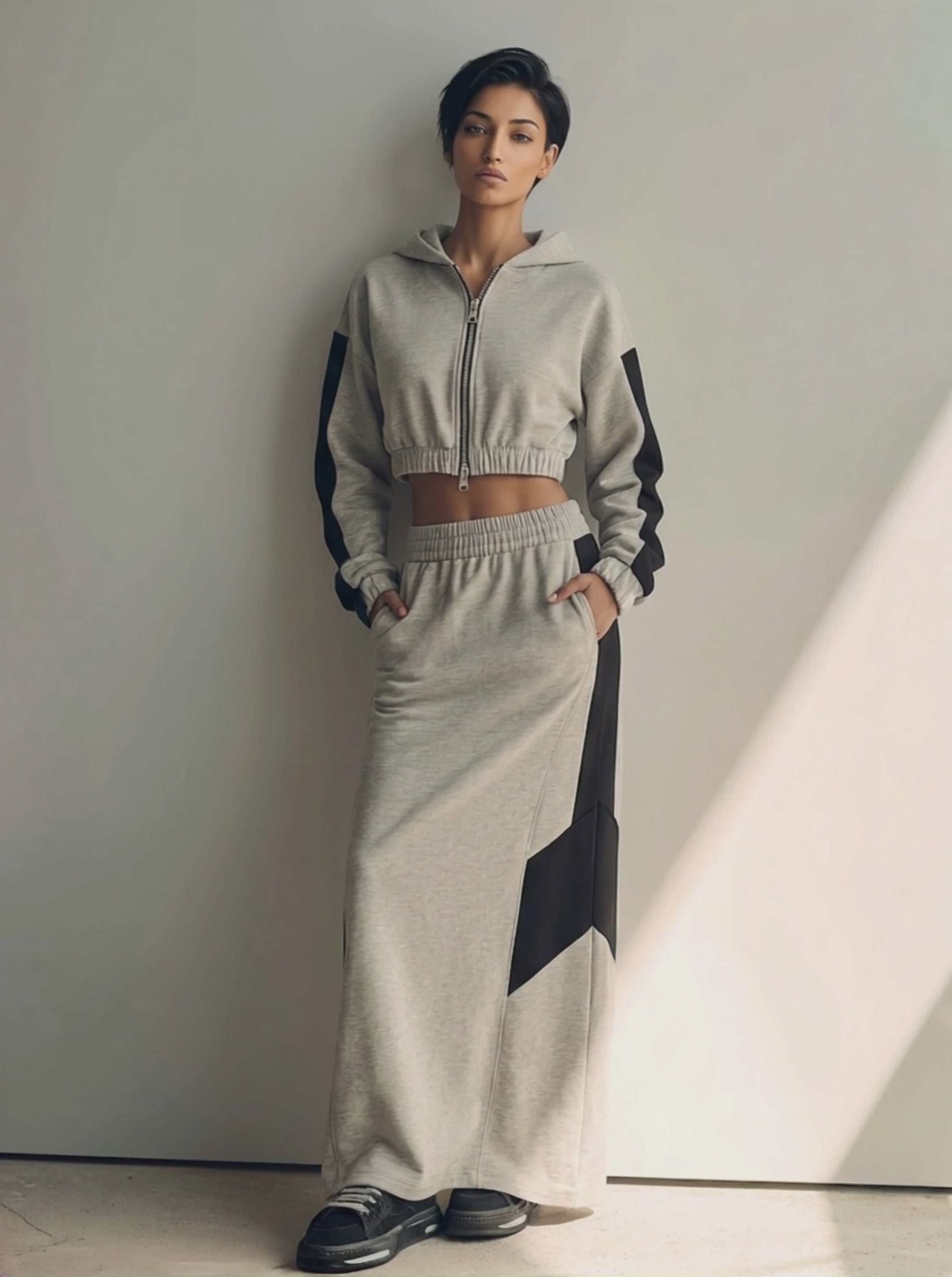 Women's Color-Block Cropped Hoodie & Maxi Skirt Set MDZ1994H8ZRK