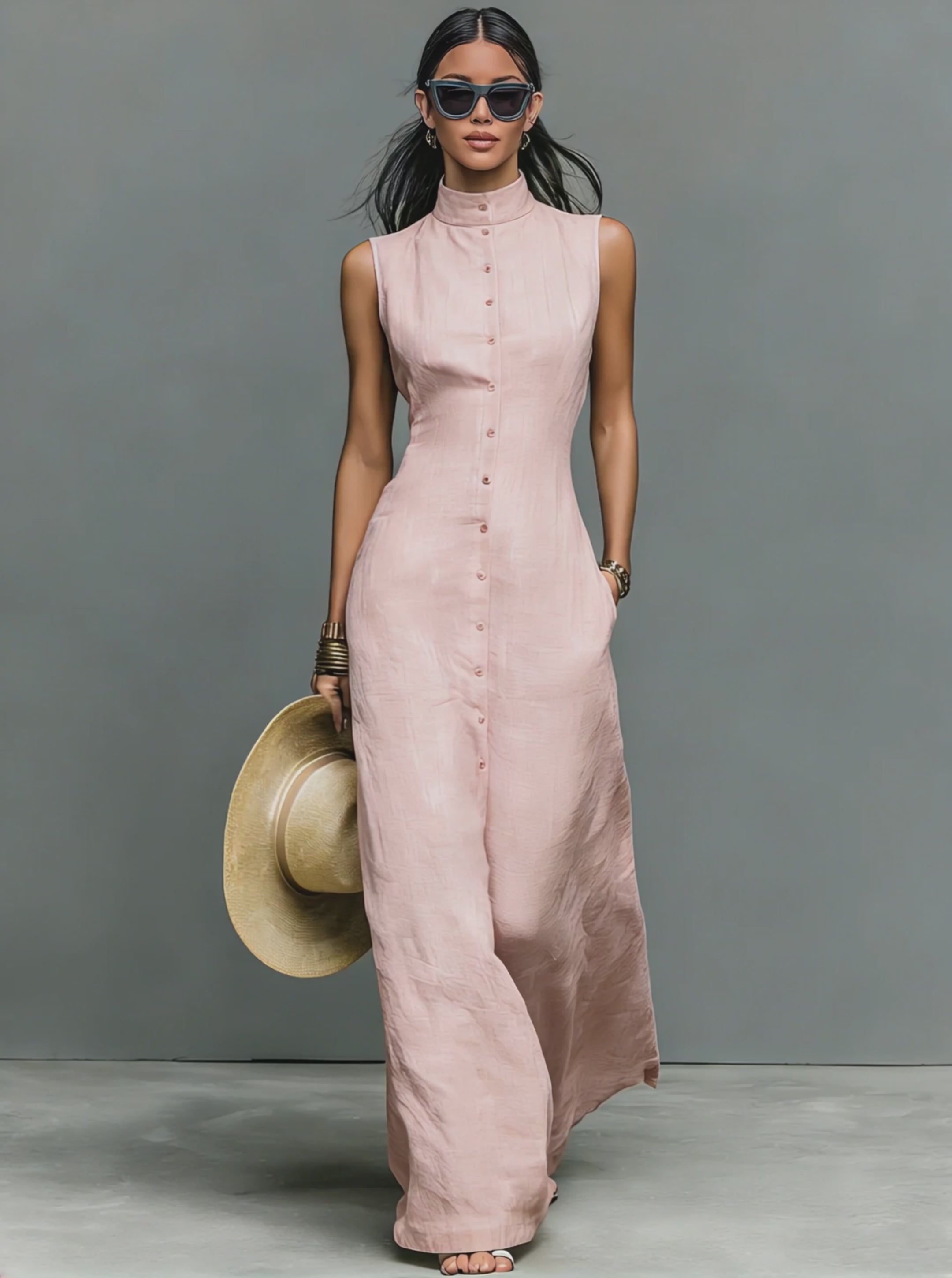 collared sleeveless maxi dress Women's Minimalist Linen-Blend Stand-Collar Single-Breasted Sleeveless –  Modesees