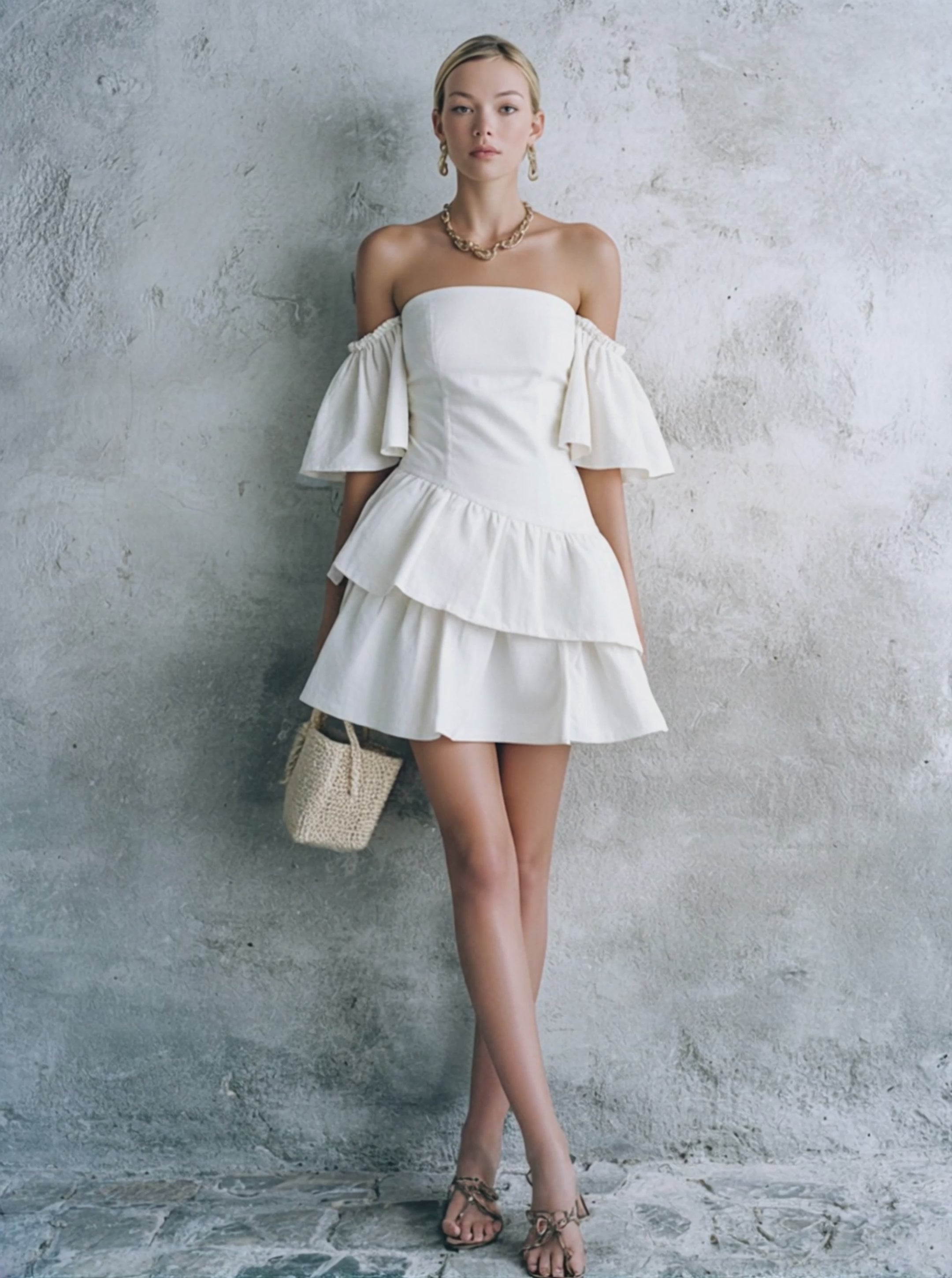 Women's Elegant White Cotton Blend Off-Shoulder Flounce Sleeve Asymmetric Ruffle Mini Dress MDZ2596E2GMJ