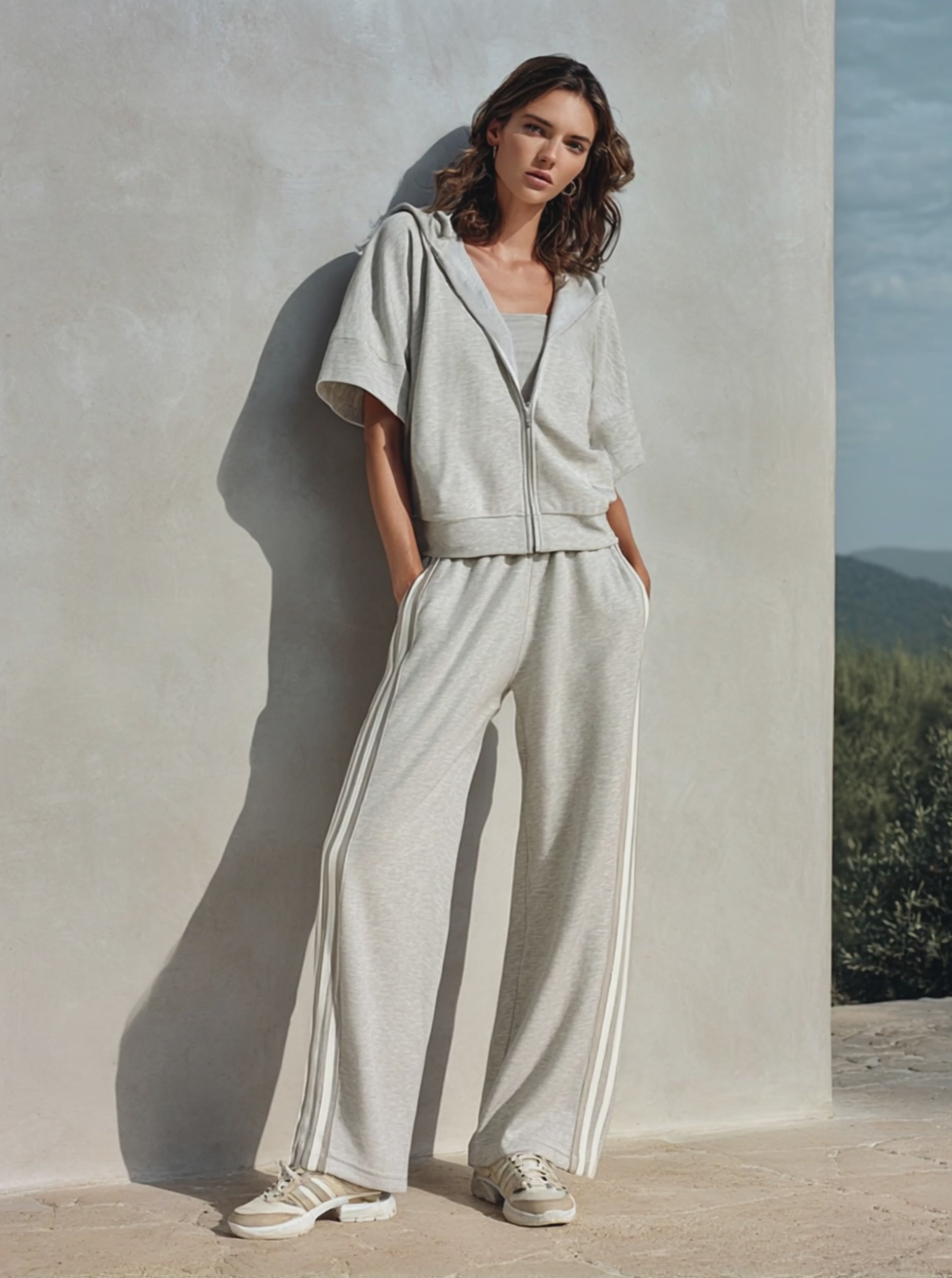 Women's Minimalist Cotton-Blend Zip-Up Hoodie & Wide-Leg Pants Set MDZ2047E1ZRK