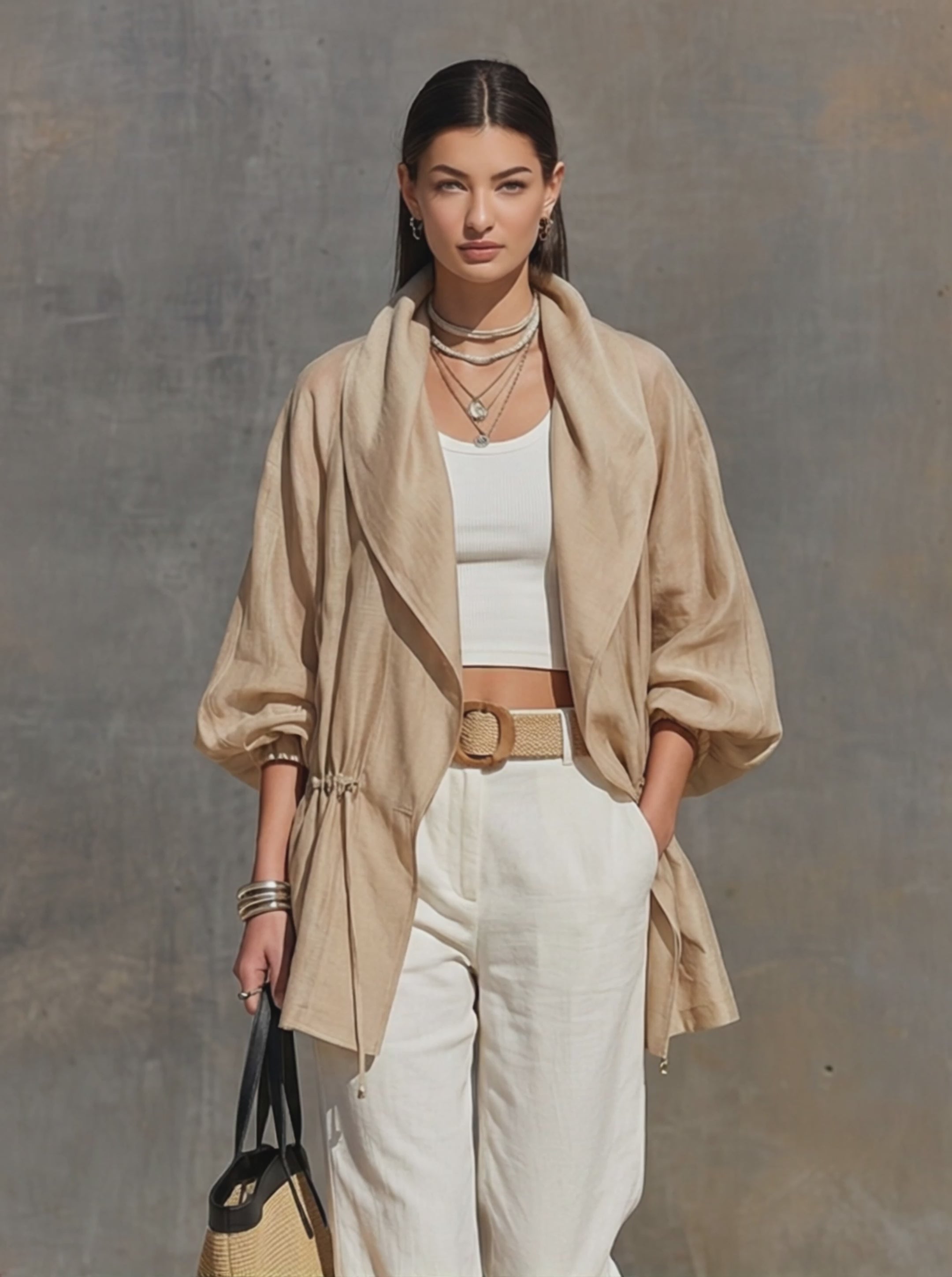 Women's Khaki Linen Blend Sheer Jacket With Lapel Collar Balloon Three Quarter Sleeves & Waist Drawstring, Minimalist Resort Lightweight Oversized Outerwear MDZ2240G0LYL