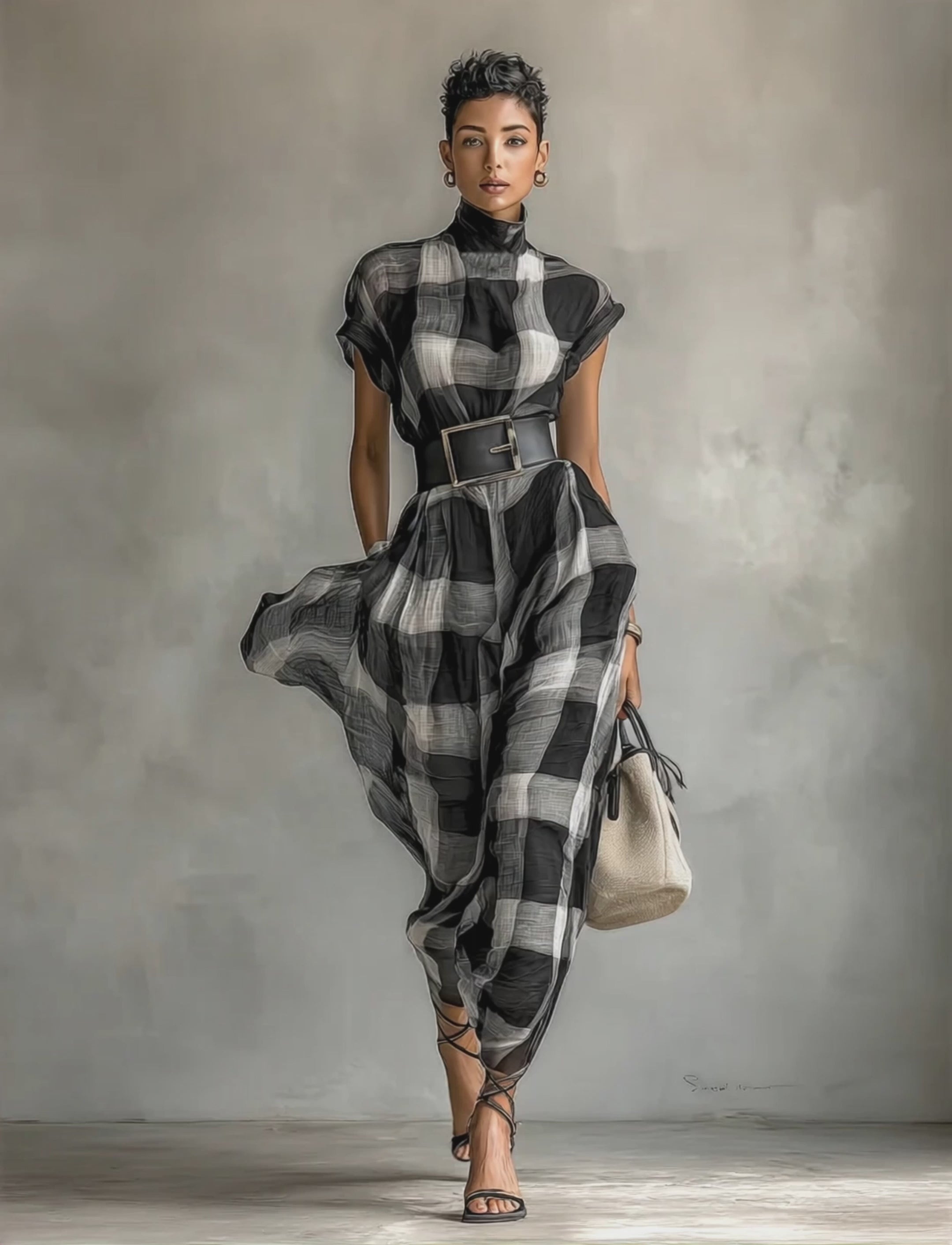 Women's Plaid Chiffon High Collar Short Sleeve Belt Maxi Dress MDA0575G6Y