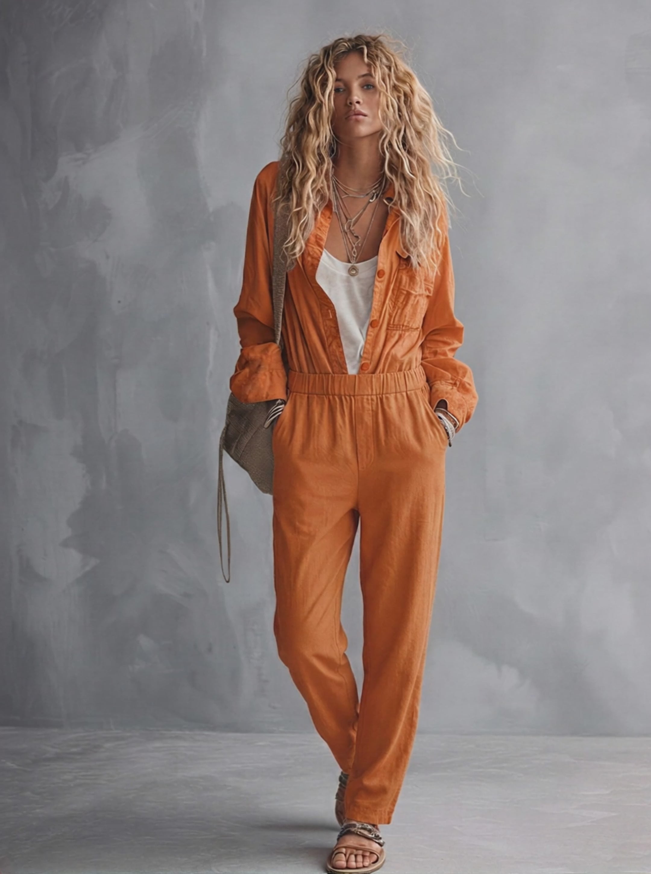 Women's Retro Style Orange Linen Blend Collared Long-Sleeve Elastic Waist Jumpsuit MDZ0184F5GMJ