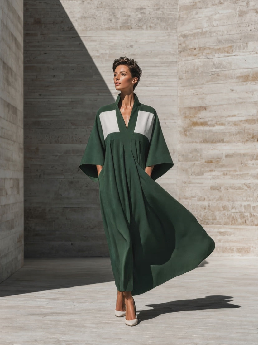 Women's Kimono Sleeve V Neck Colorblock Green Maxi Dress MDZ1203H8YZJ