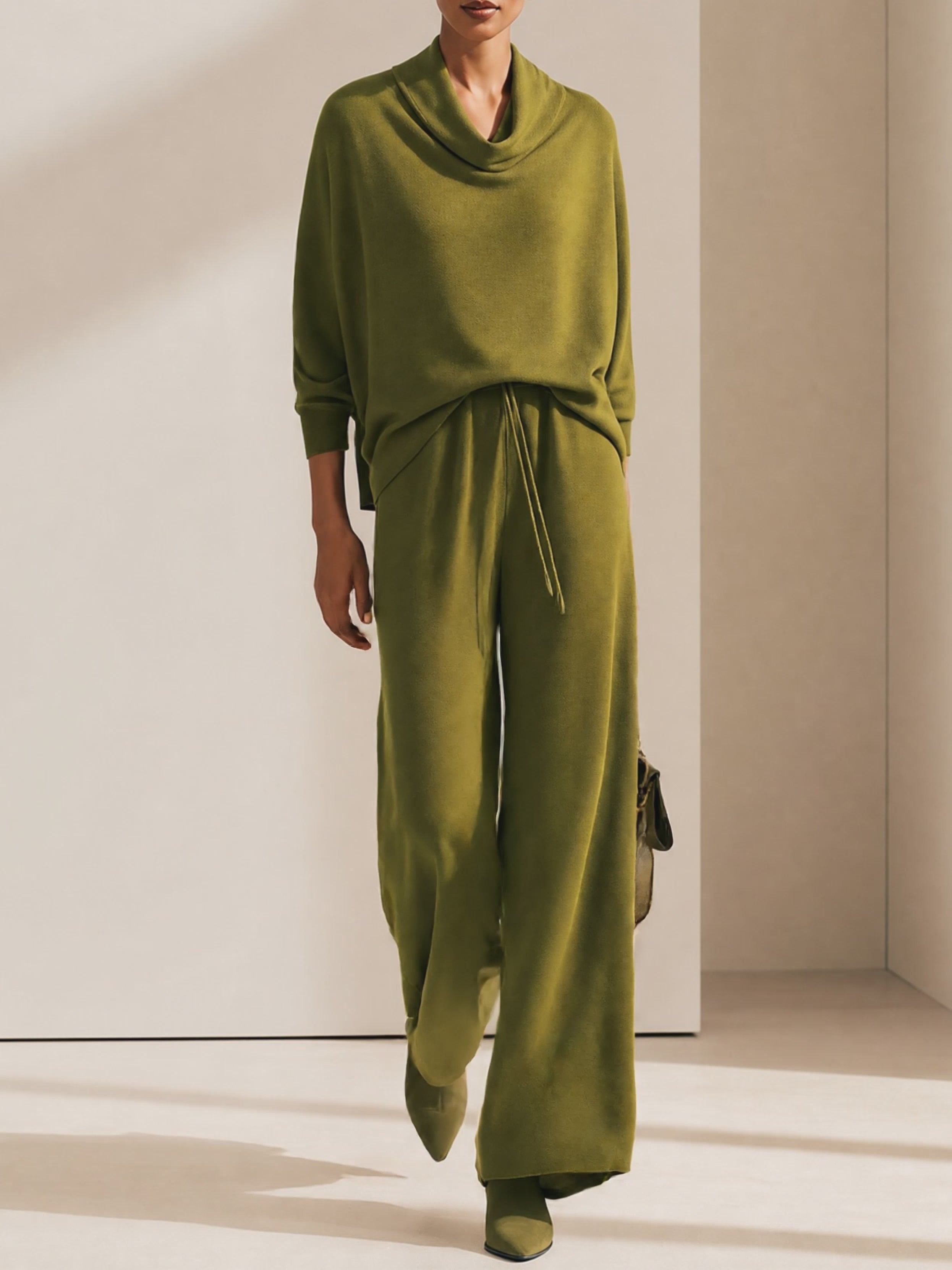Women's Cowl Neck Batwing Top & Wide-Leg Drawstring Trousers Set