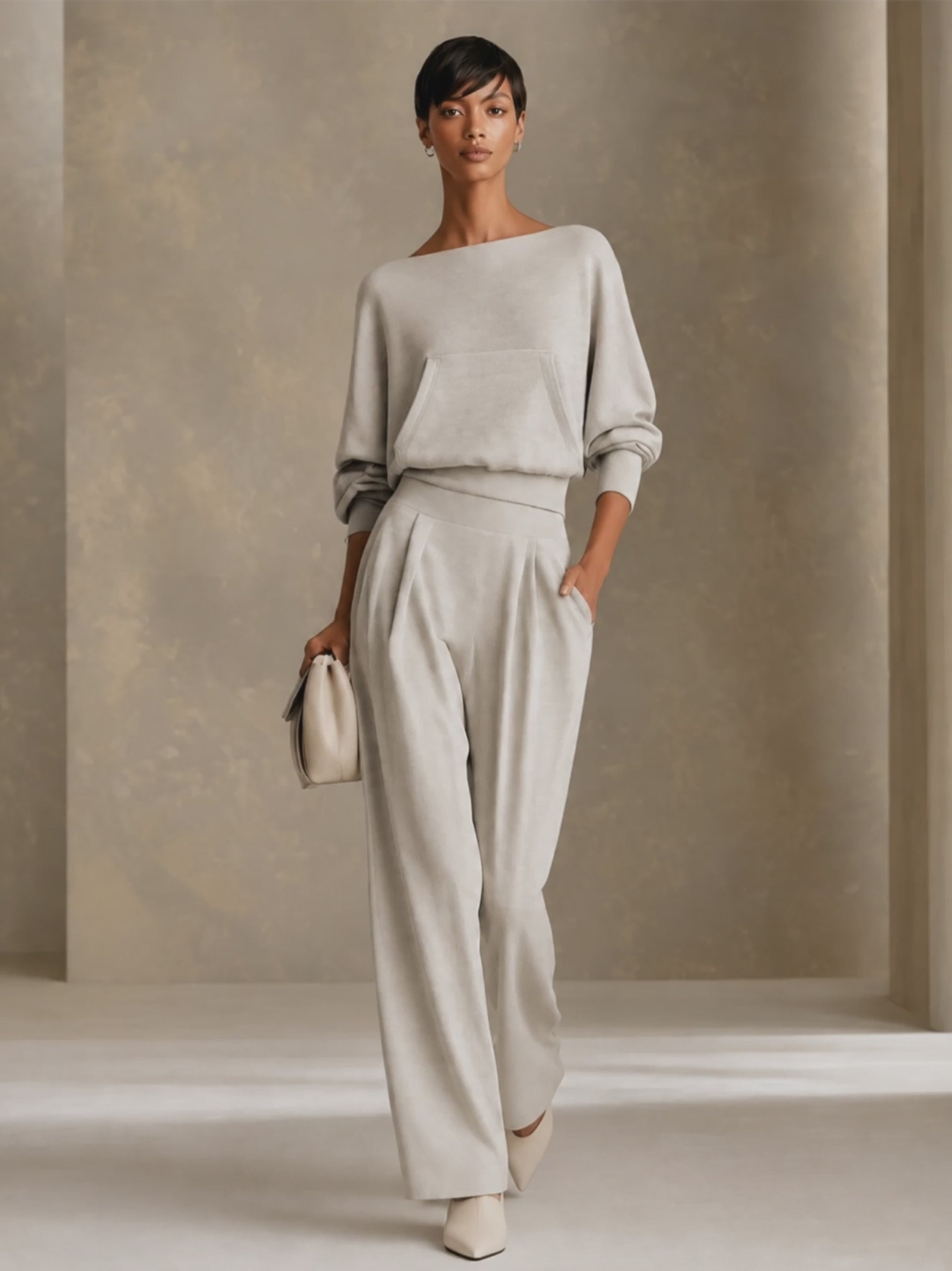 Women's Boat Neck Wide Leg Set Gray Office Outfit