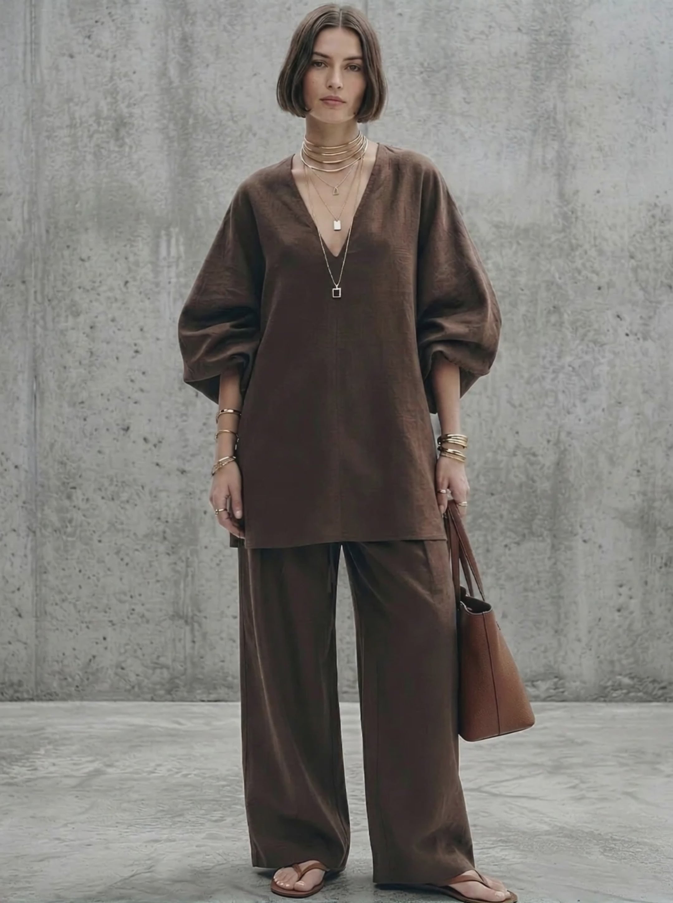Women's Minimalist Deep Brown Linen-Cotton V-Neck Lantern Sleeve Tunic And High-Waisted Wide-Leg Pants Set MDZ1843E6GMJ