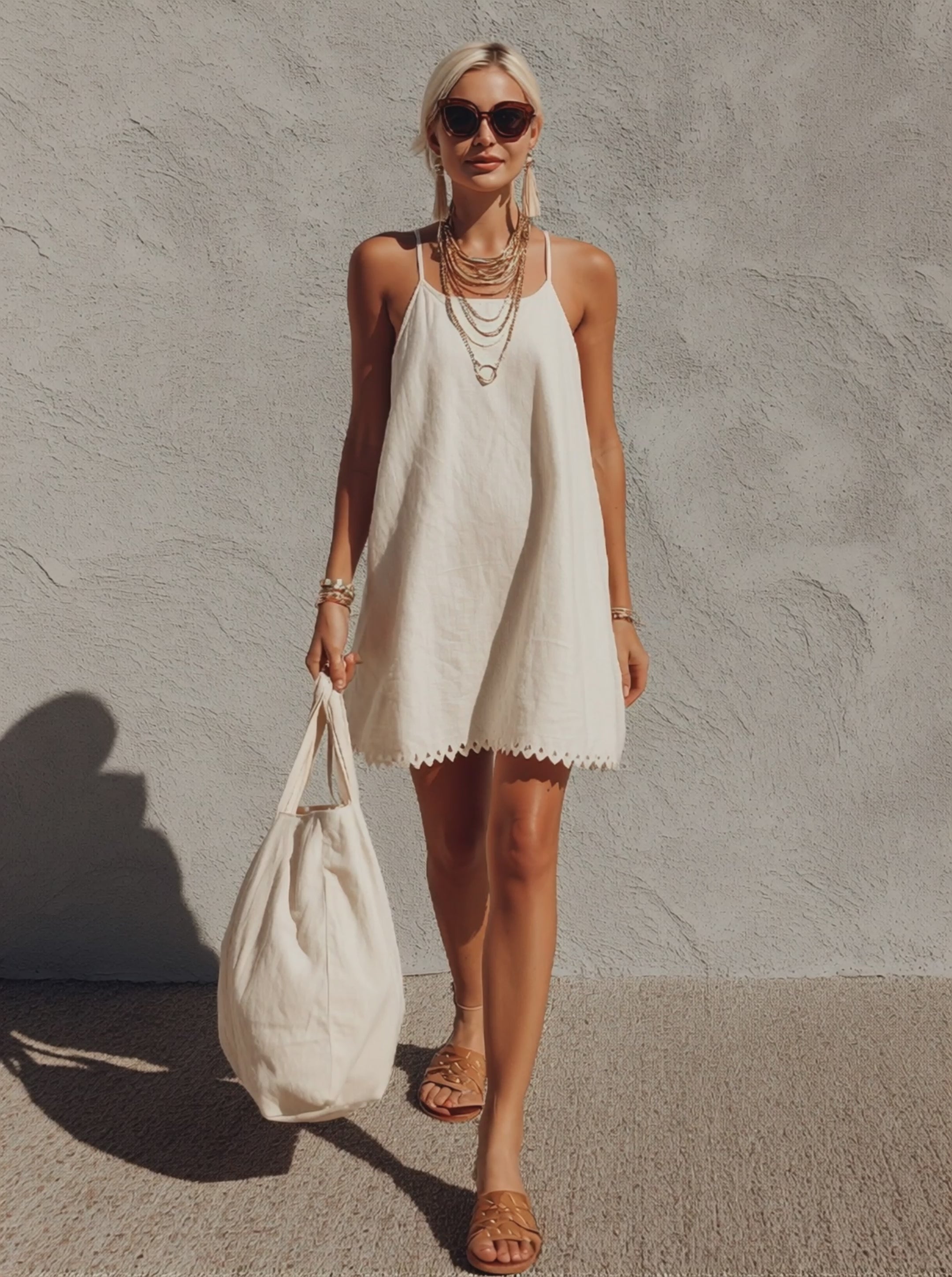 Women's White Linen-Blend Mini Dress With Spaghetti Straps & A-Line Silhouette, Timeless Minimalist Casual Dress MDZ0128F5LYL
