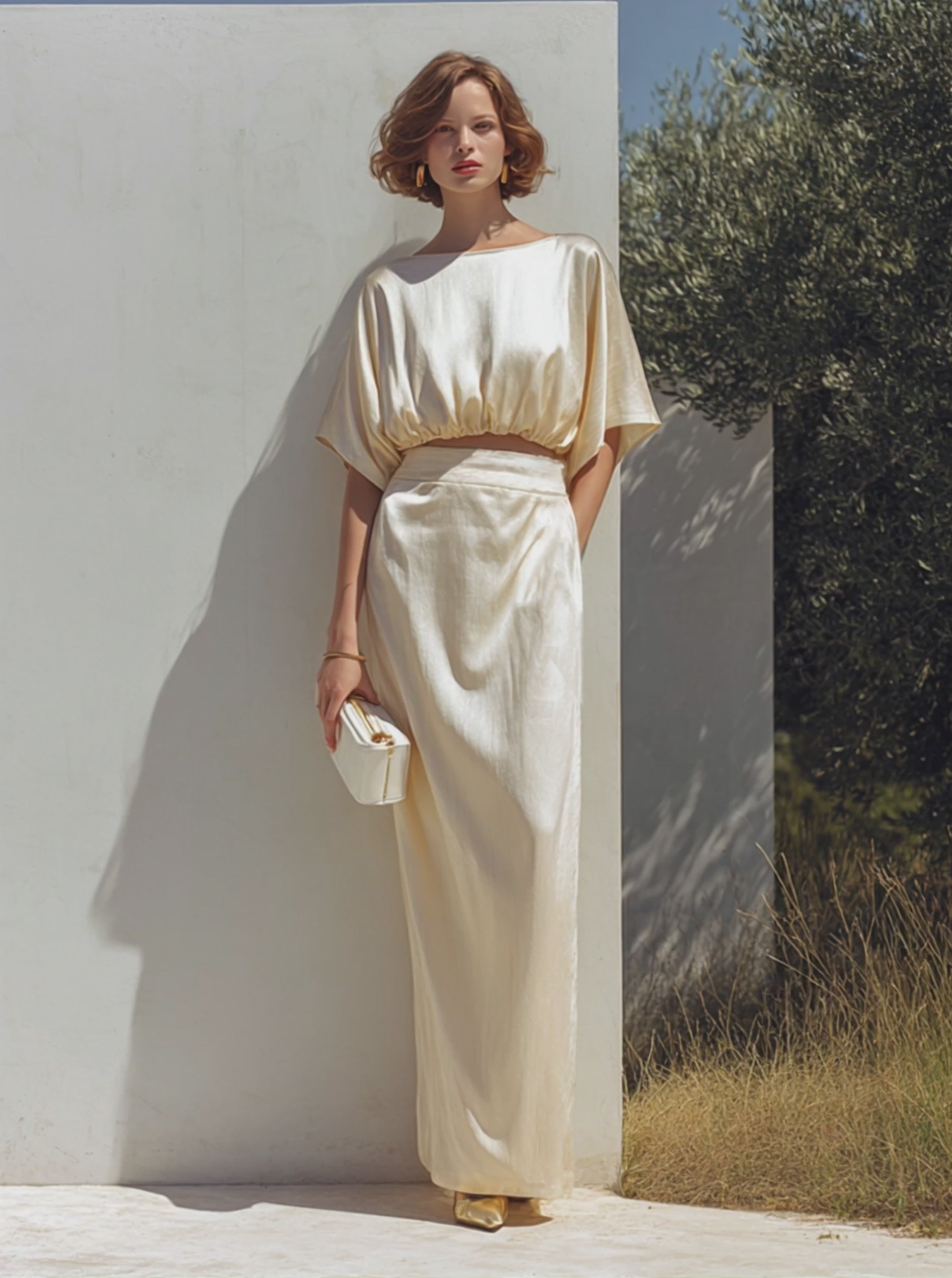 Women's Minimalist Satin-Texture Batwing Crop Top & Maxi Skirt Set MDZ1947E9ZRK