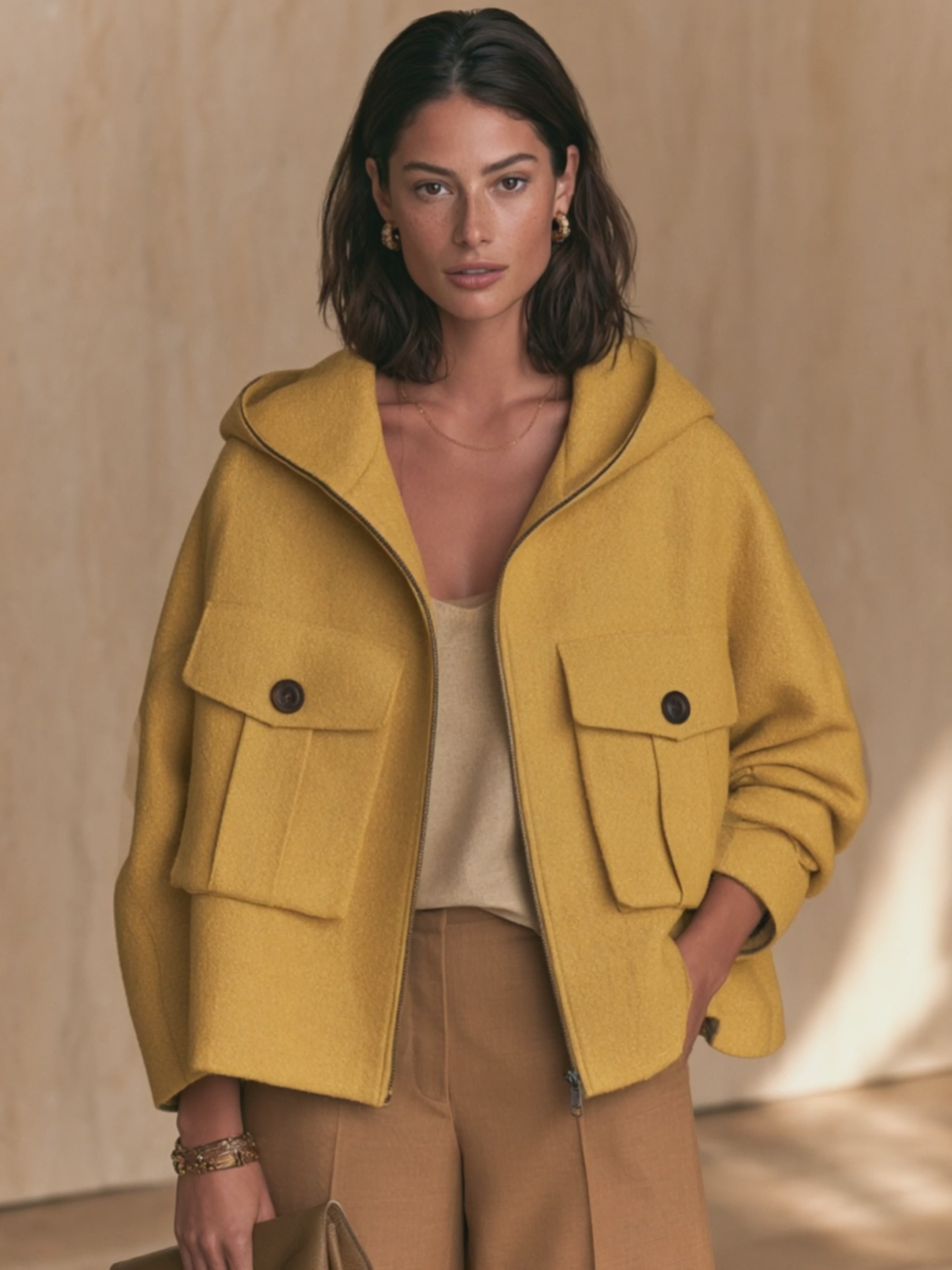 Women's Utility Pocket Casual Hooded Cropped Jacket