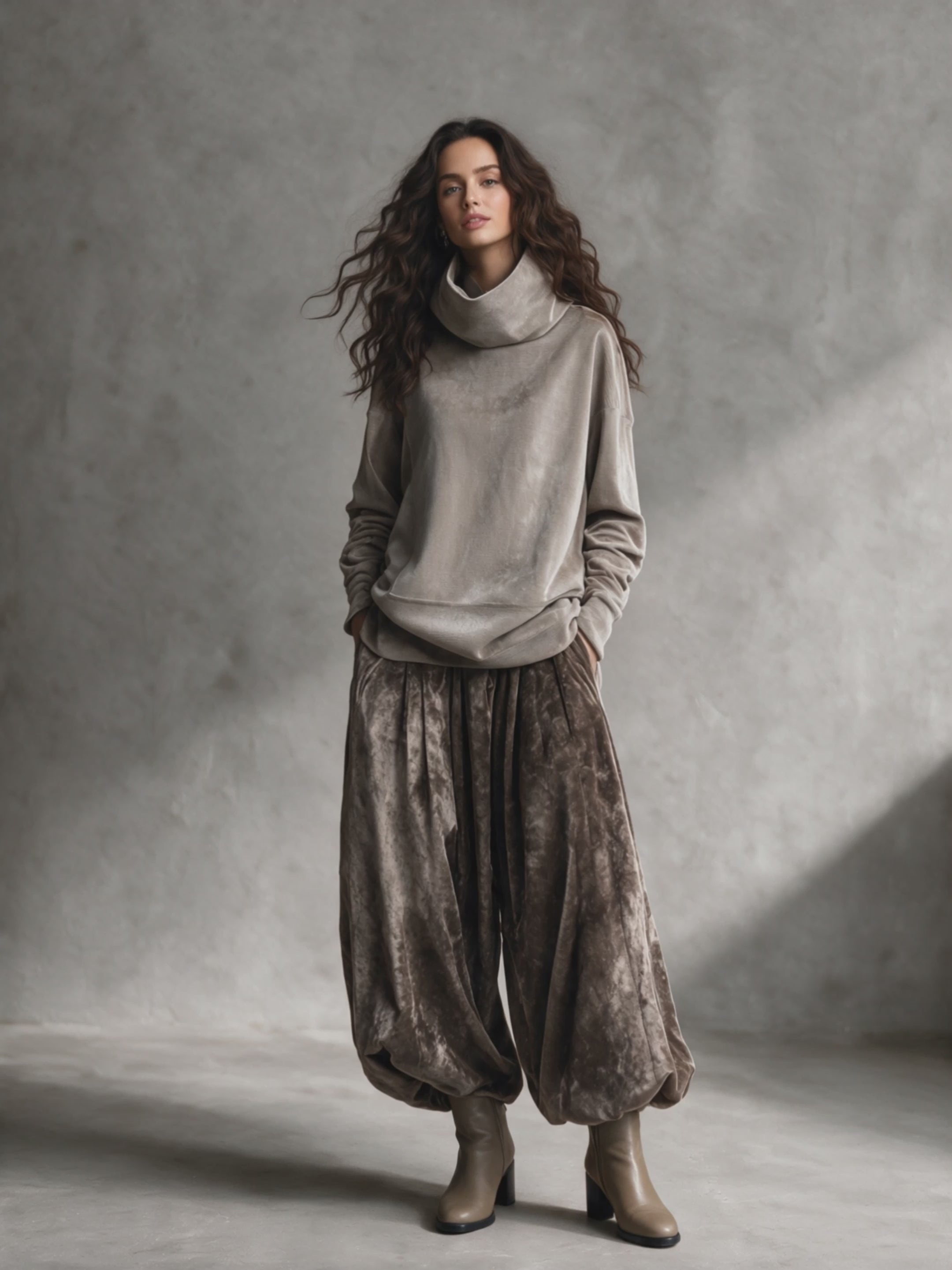 Women's Velvet Turtleneck & Vintage Balloon Pants Two-Piece Set