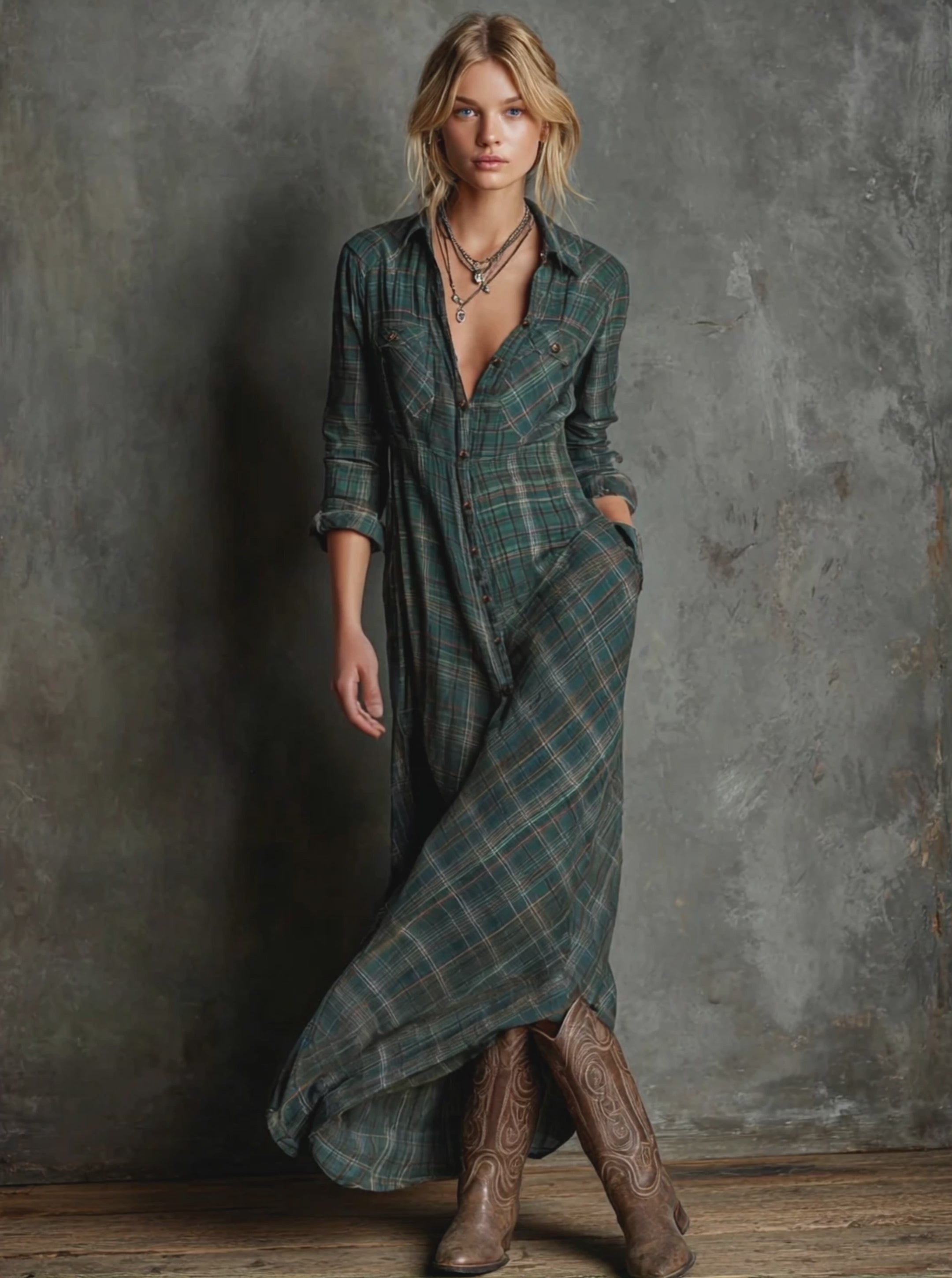 Women's Plaid Lapel Single-Breasted Shirt Maxi Dress MDA1249H1Y