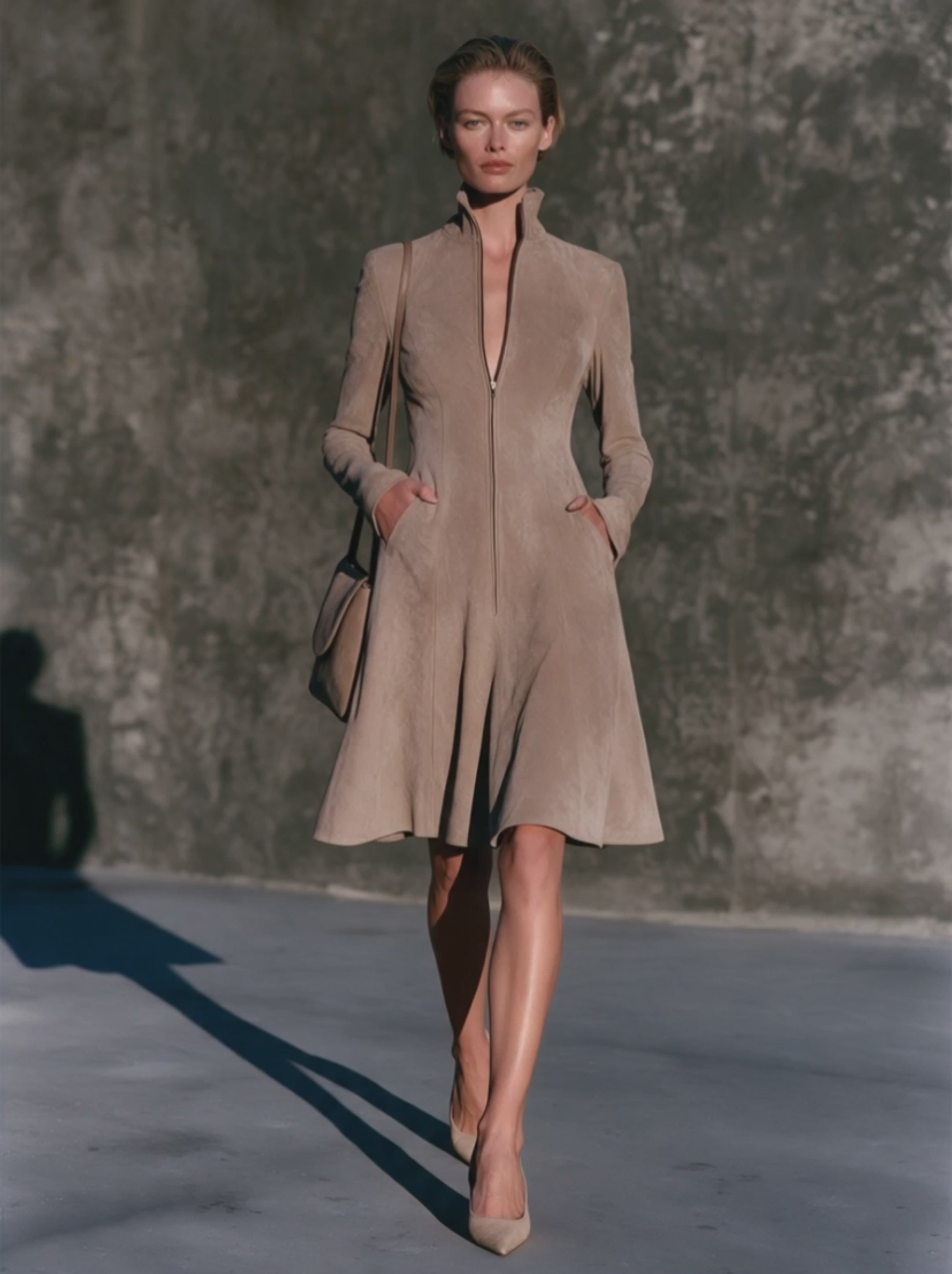 Women's Light Camel Faux Suede Stand Collar Front Zip A-Line Midi Dress